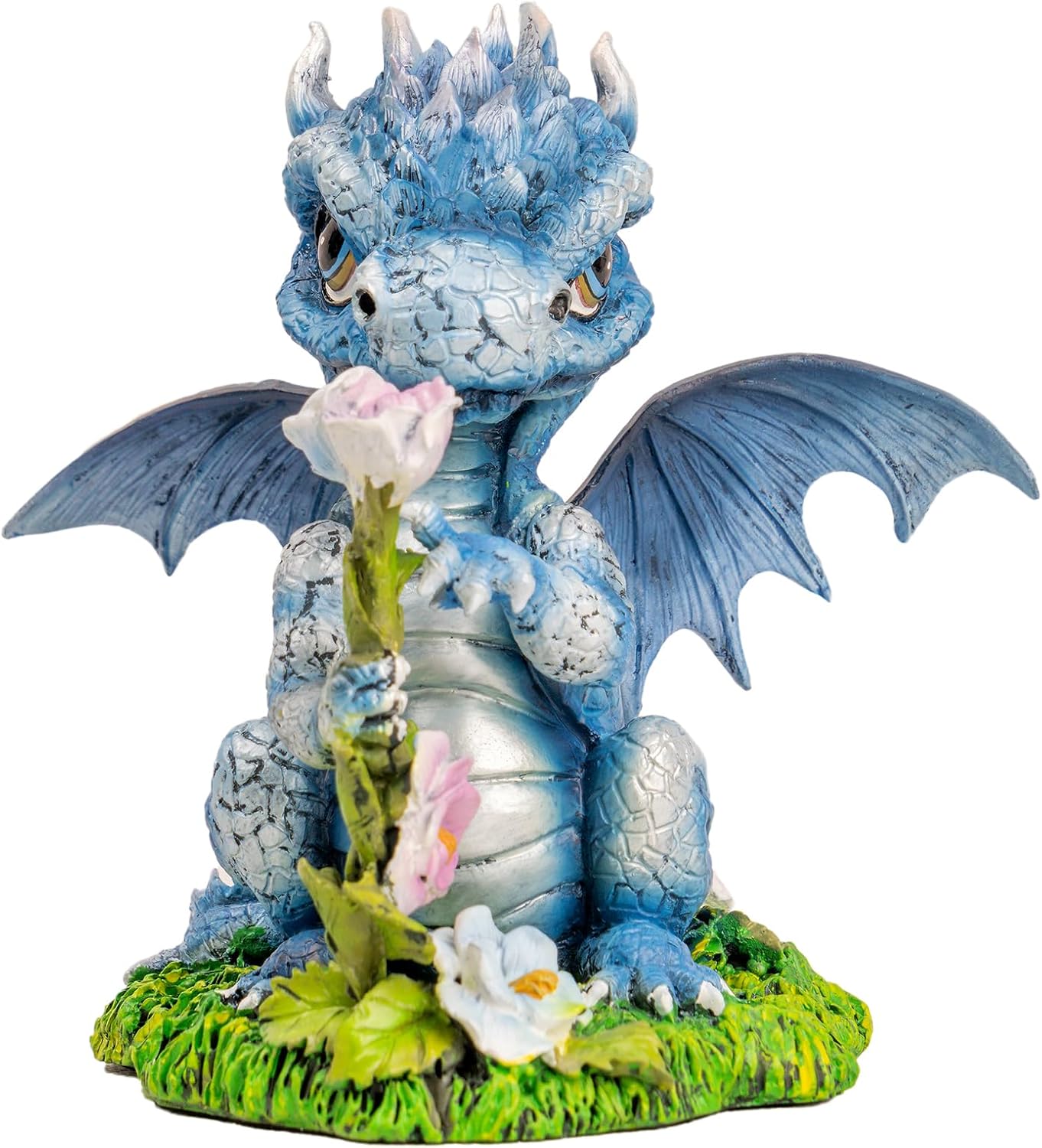 Cute Baby Dragon Statue - Collectible Figurines Holding Roses, Small Resin Fantasy Decor for Home Office Desktop Ornament (4.72 Inch)