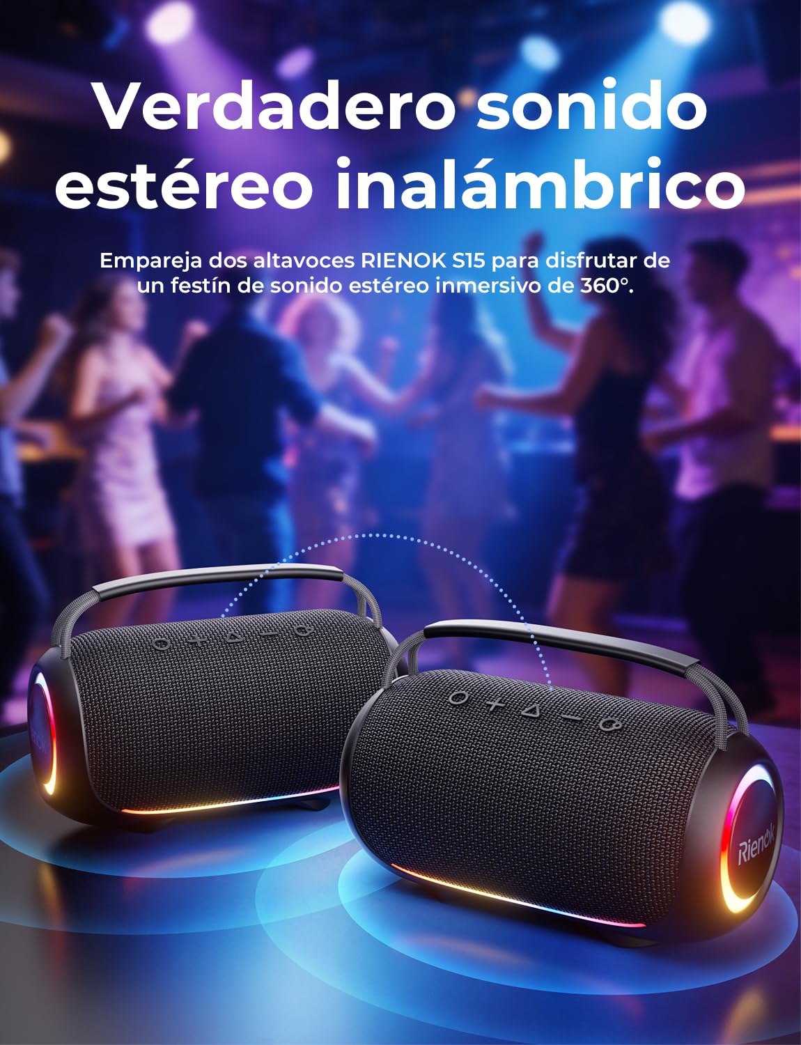 RIENOK Altavoz Bluetooth Potente 80W Portátil 30H Impermeable IPX6 con Luces RGB Bluetooth 5.3 Inalámbrica Emparejamiento Estéreo Apoya 128G Tarjeta TF, AUX, Memoria USB