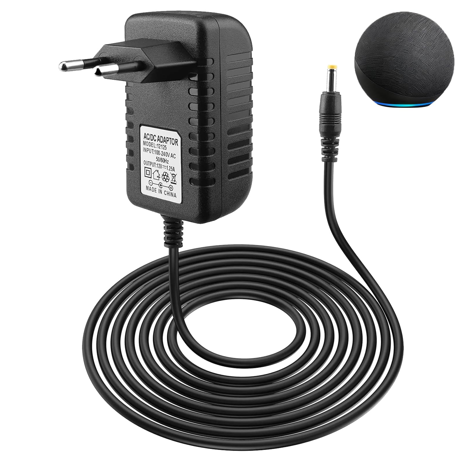 15W Cargador Adaptador para Echo Dot 3.ª 4.ª y 5.ª Generación, 2M 15W 12V 1.25A Adaptador Corriente Cable de Alimentación Charger para Dot Kids Edition 3.ª y 4.ª Generación Echo Show 5 TV Cube