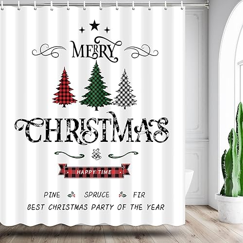 Miniatura 3 de Cortina de ducha con diseño de cuadros de búfalo, cortina de ducha de árbol de Navidad, cortina de ducha de invierno para vacaciones, cortina de