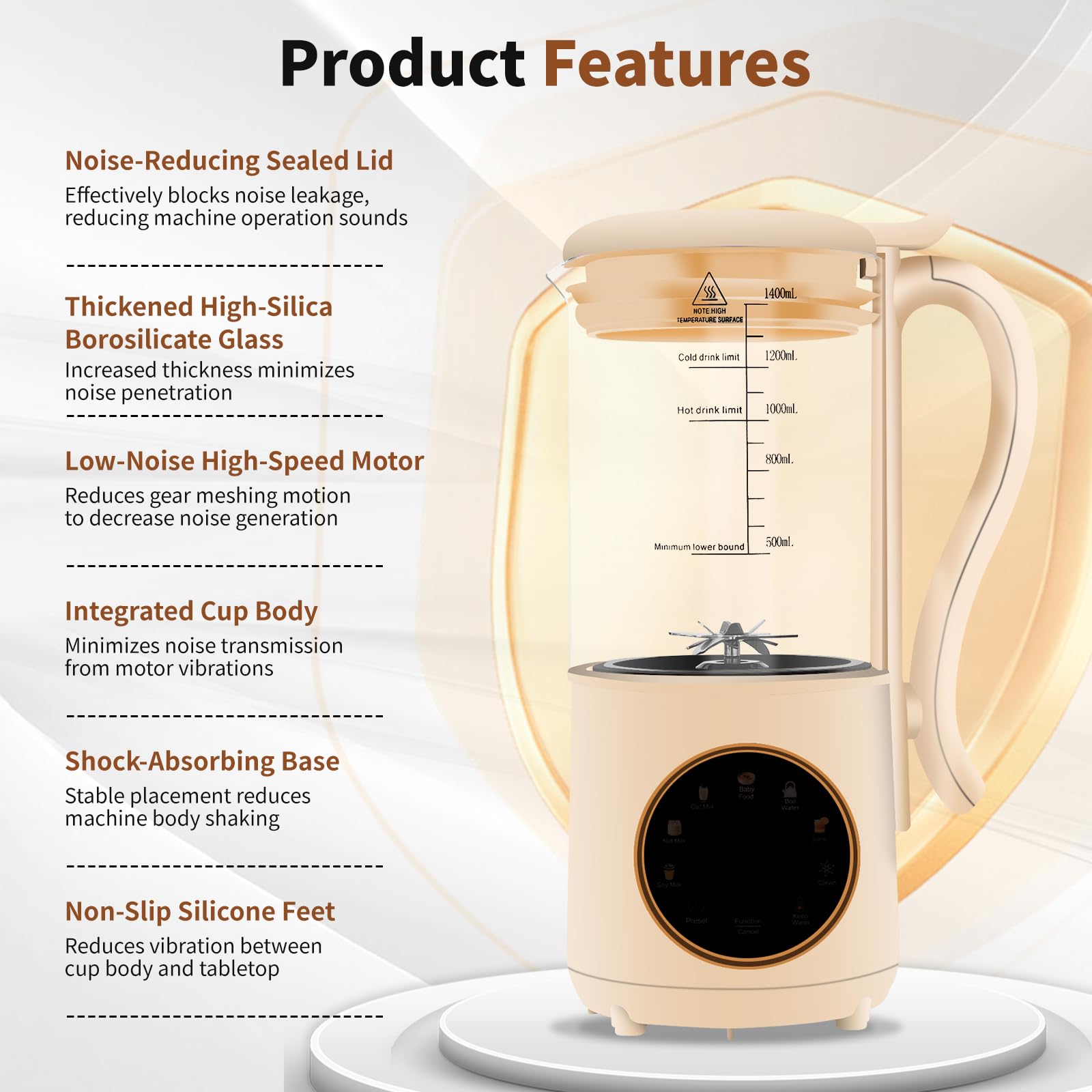 Machine Lait Vegetal, Presse-Agrumes 1400ml, 16 Feuilles Nut Milk Maker, Affichage LED, Fonction D'isolation De 4 Heures, Lait Végétal Maison, Avoine, Soja, Boissons Sans Produits Laitiers
