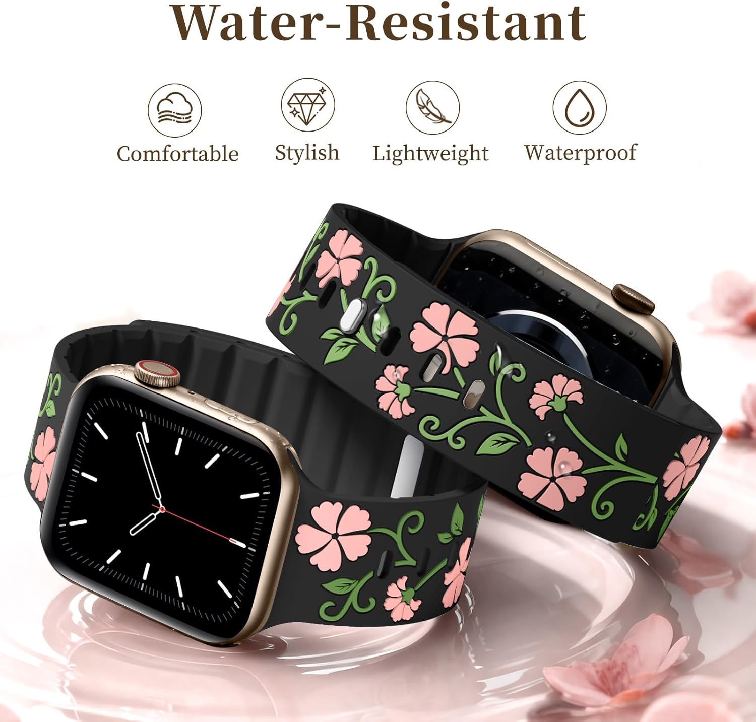 Easuny Magnetic Floral Band Compatible with Apple Watch Bands for Women 40mm 41mm 42mm 44mm 38mm 45mm 46mm 49mm, Engraved Silicone Cute Flower Strap for iWatch Series 11 10 9 8 7 6 5 4 Se 3 2 2nd 1