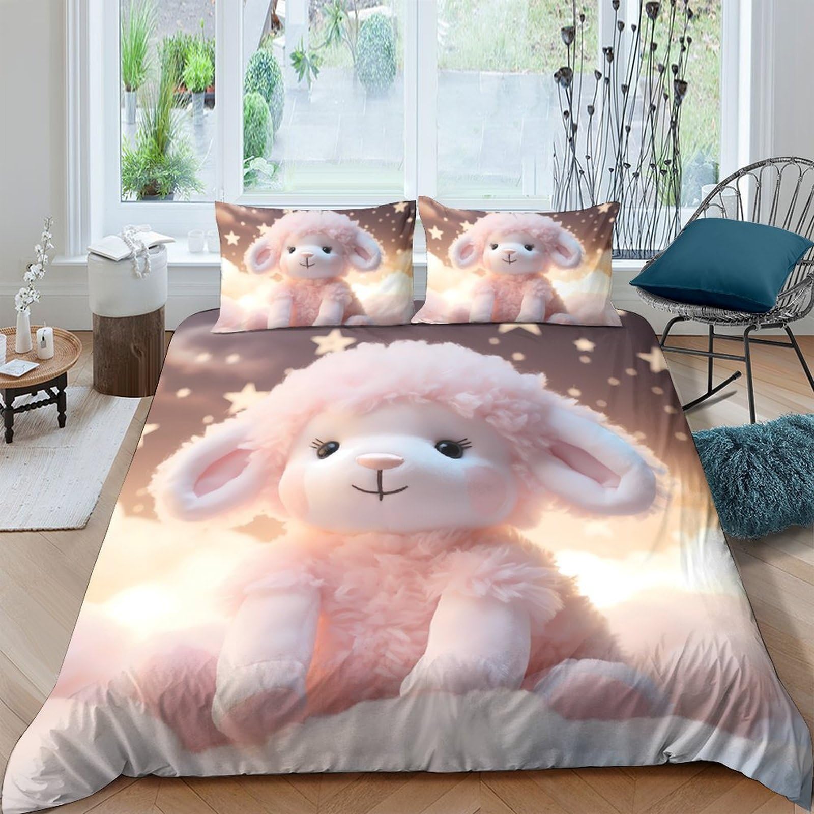 Ctjqhvkz Style-7 3D Printed Cute Pink Lamb Fitted Sheet Microfiber Soft Decorative Starry Sheep Mattress Cover For Bedroom Dorm Single（135X200cm）