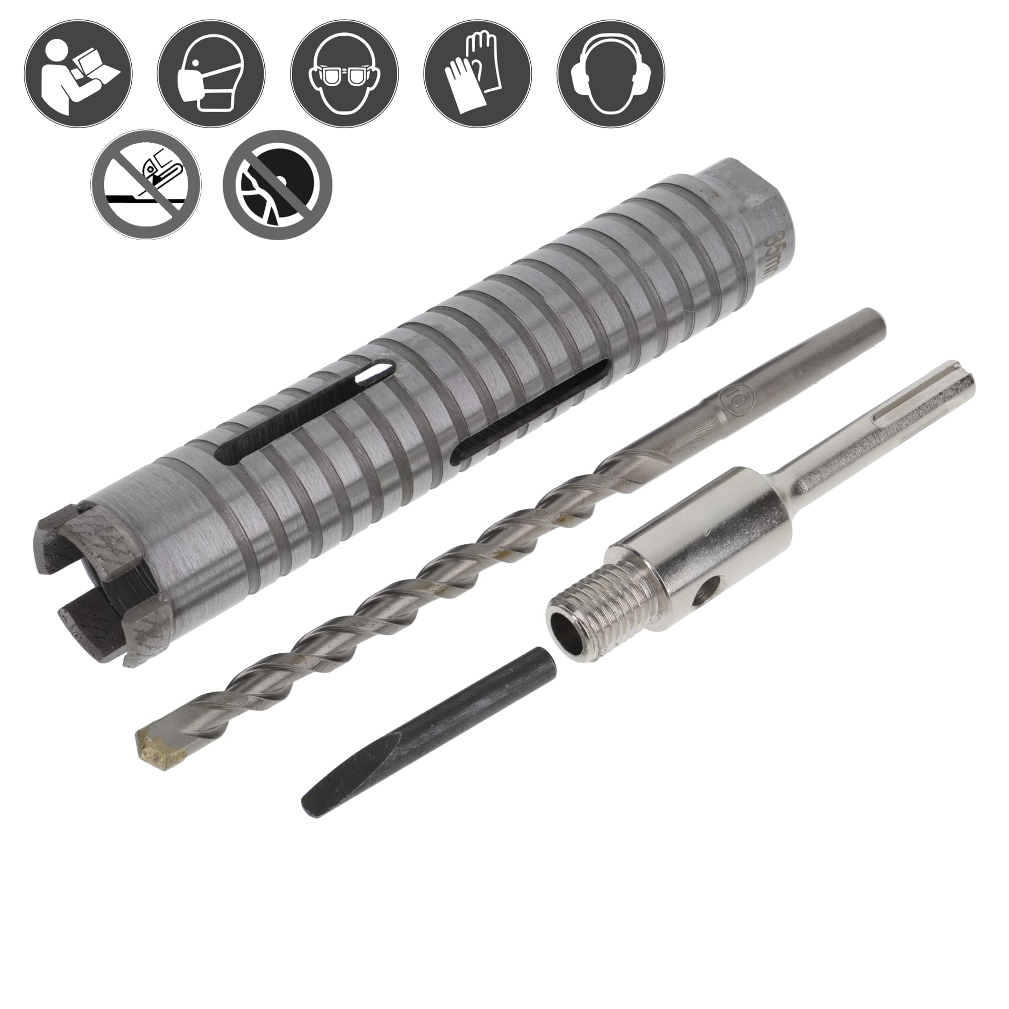PRODIAMANT Diamentowa wiertnica rdzeniowa ø 35 mm długość efektywna 150 mm z adapterem SDS do młotowiertarki, segmenty spawane laserowo do wiercenia na sucho