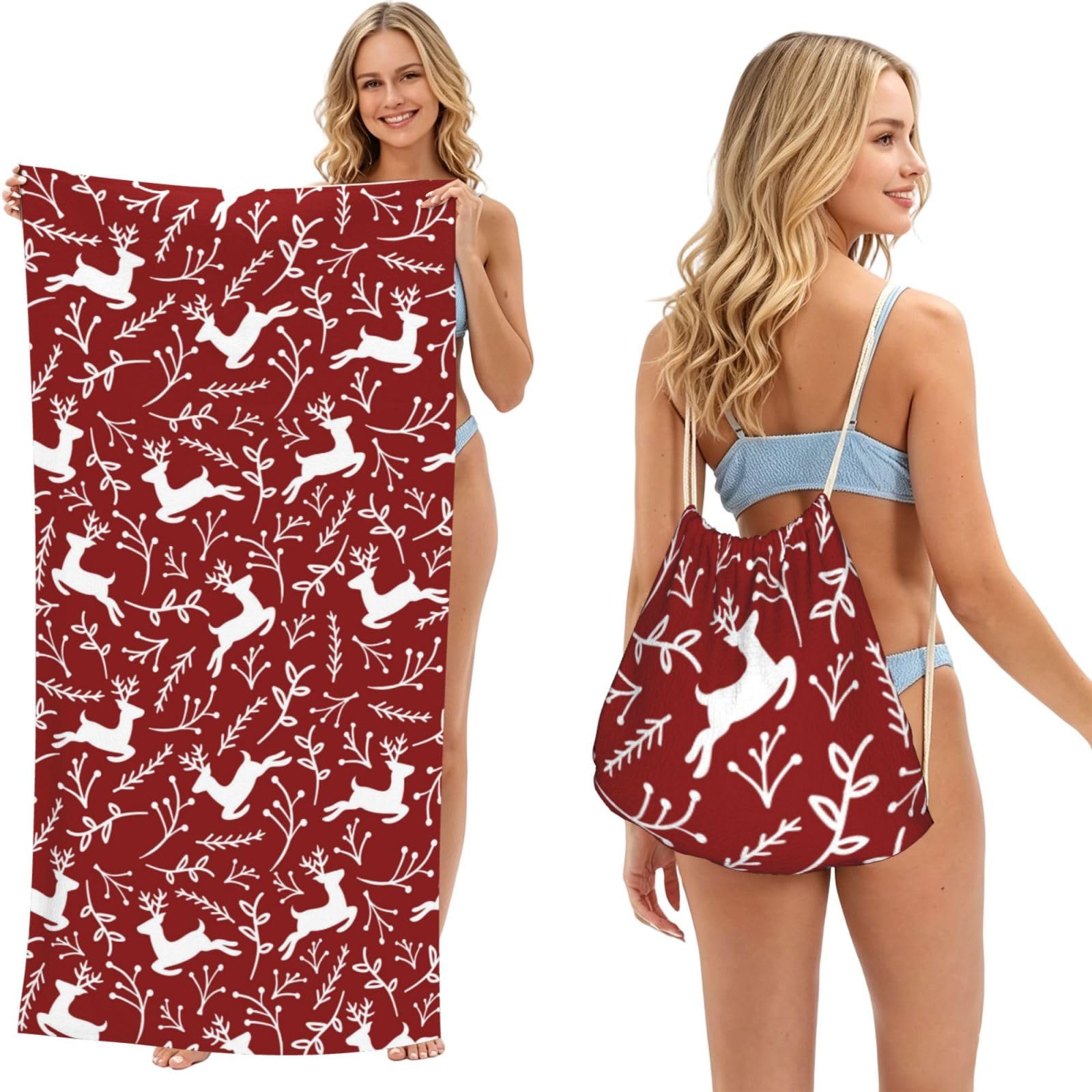 Poadnly As Picture Reindeer Christmas, 2 In 1 Packable Towel Bag, Beach Towels With Drawstring Backpack For Travel Holiday Camping