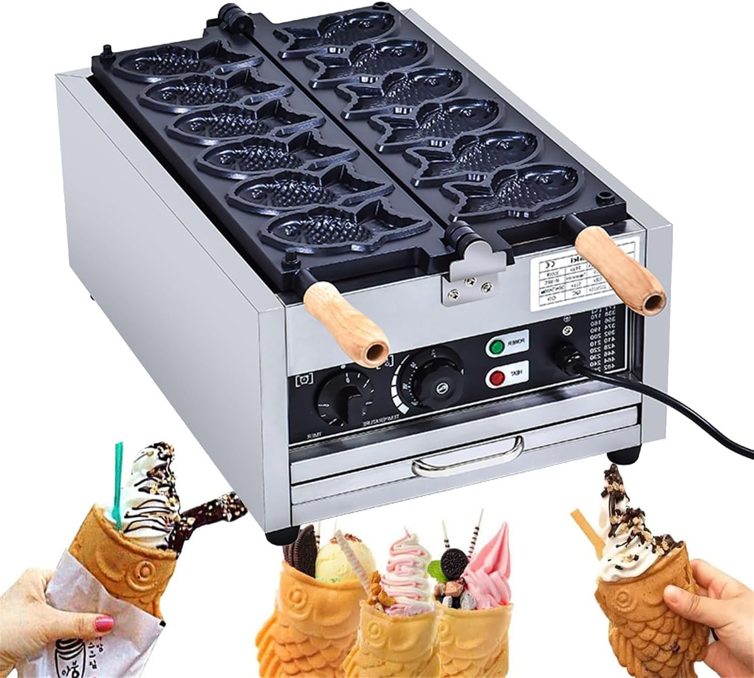 Taiyaki Waffle Maker, Commercial Ice Cream Taiyaki Machine, Nonstick Coating, Stainless Steel, 3000W, Adjustable Temperature 50-300°C