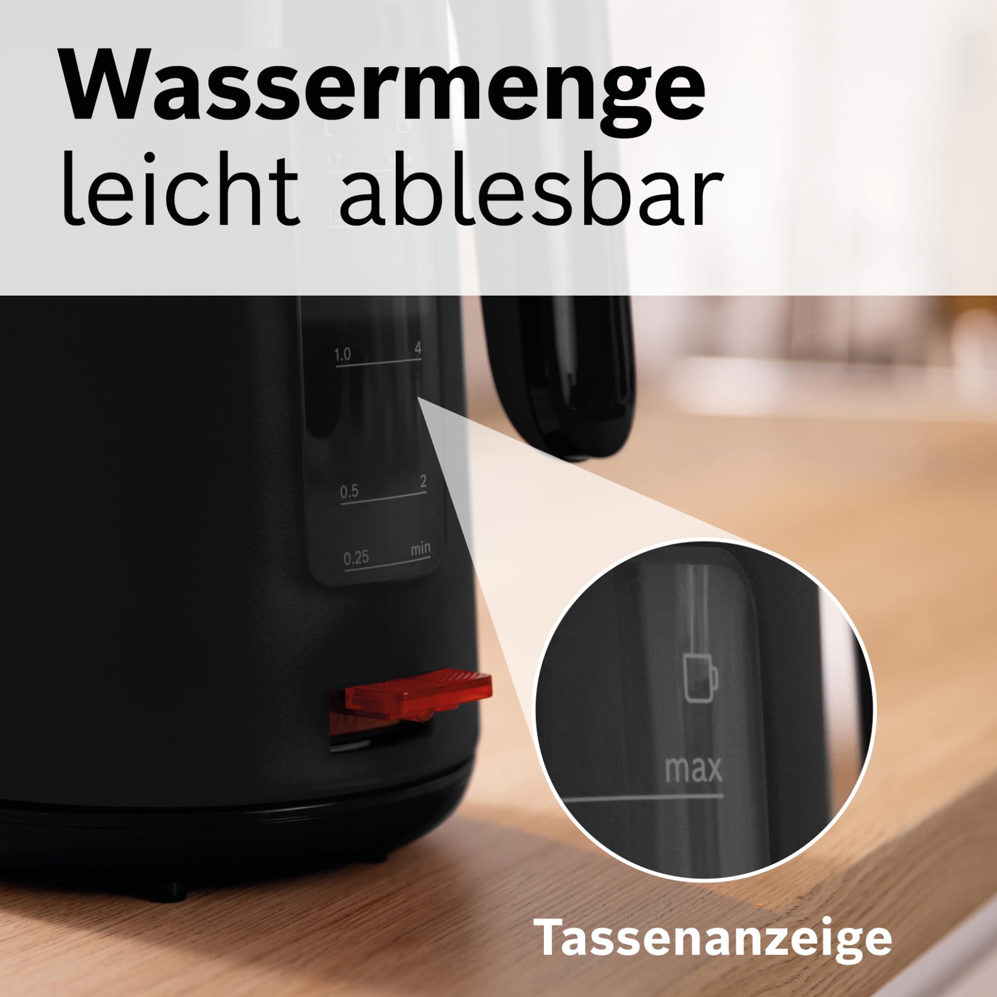 Bosch kabelloser Wasserkocher MyMoment TWK2M163, Abschaltautomatik, Überhitzungsschutz, Tassenanzeige, entnehmbarer Kalkfilter, Trockengehschutz, Dampfstopp-Automatik, 1,7 L, 2400 W, Schwarz matt
