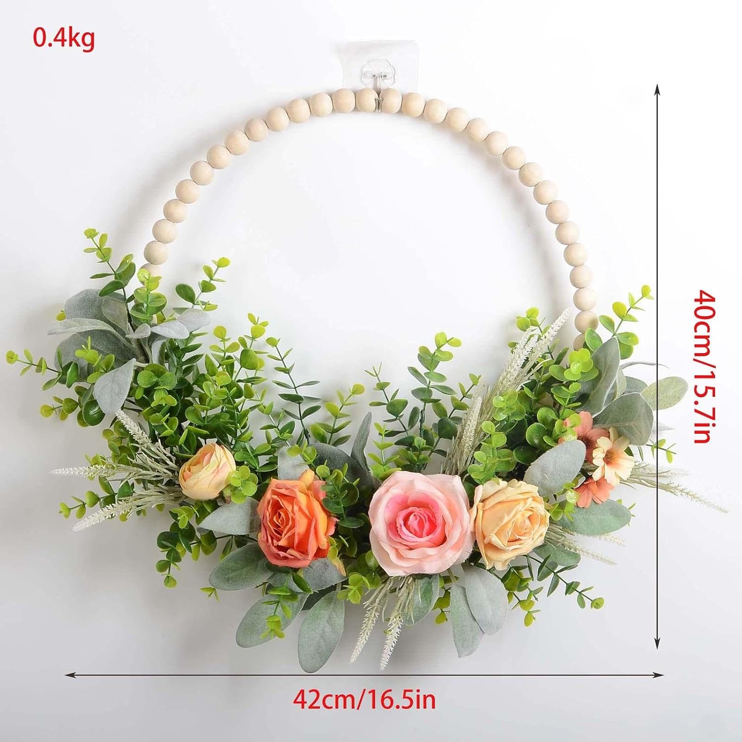 Artificial Wood Bead Wreath, Hanging Garland Front Door Hydrangea Hoop for Home, Rose
