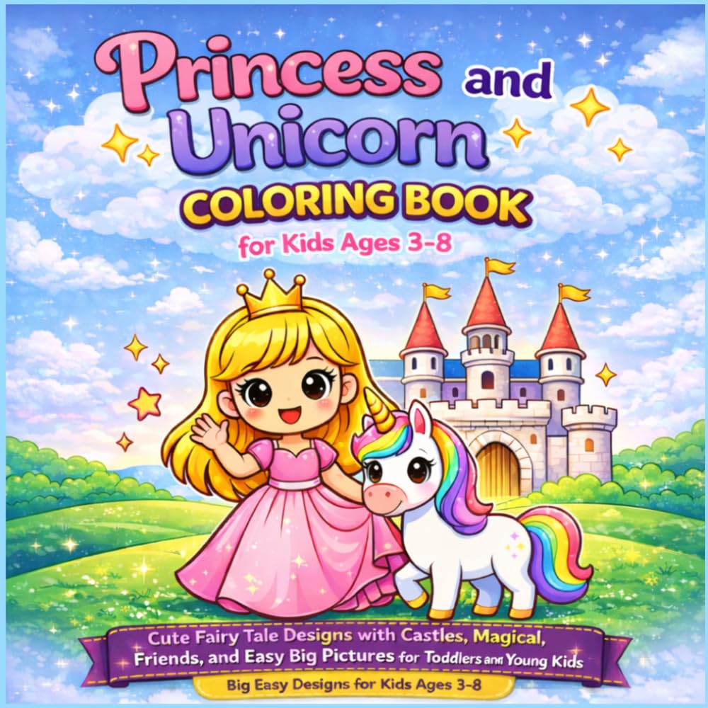 Princess and Unicorn COLORING BOOK for Kids Ages 3-8: Cute Magical Princesses, Unicorns, Castles, Crowns, Bold and Easy Fun Coloring Pages for Girls, Toddlers and Preschoolers