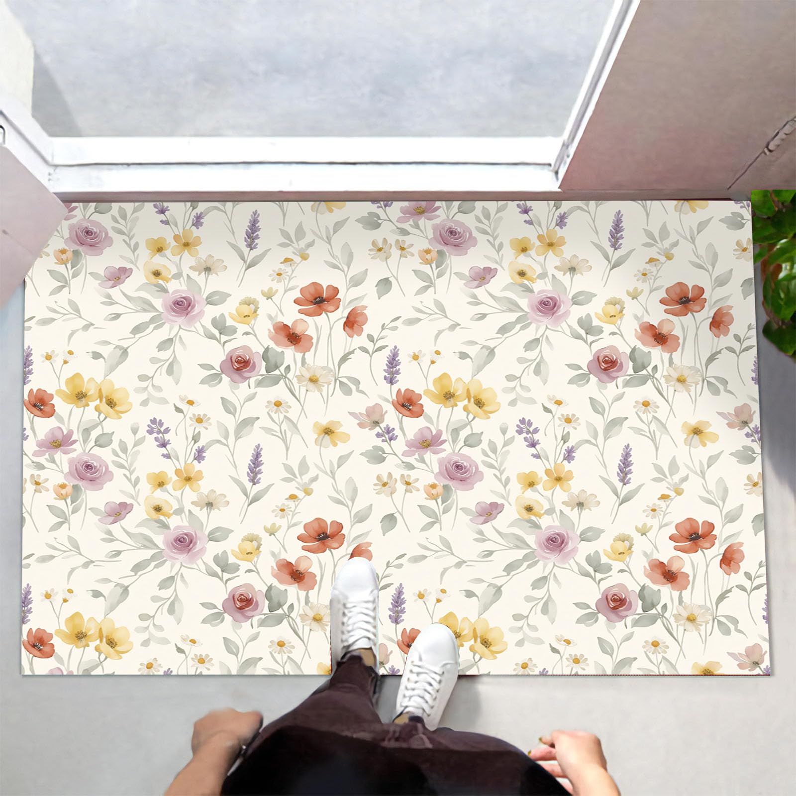 60X90Cm Zerbino Ingresso Interno Antiscivolo Assorbente, Tappeto Microfibra Sottile Lavabile Con Floreale Di Campagna Francese Piante Romantiche Ad Acquerello Per Cucina Bagno Porta Animali, Beige