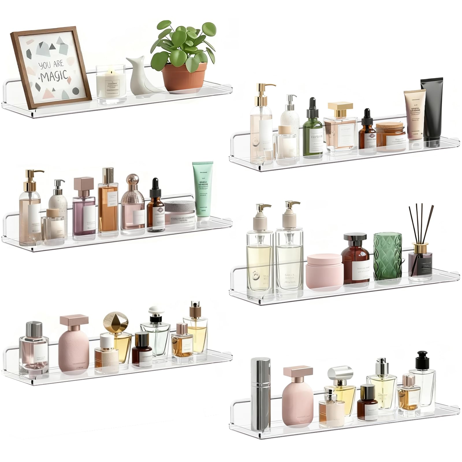 Lifewit Floating Shelves 6 Pack, 15" Acrylic Room Decor Shelves for Book/Figures/Photo/Makeup, Clear Wall Shelf for Bathroom, Living Room, Bedroom, Kitchen Storage and Organization 38 x 9 cm/15x4