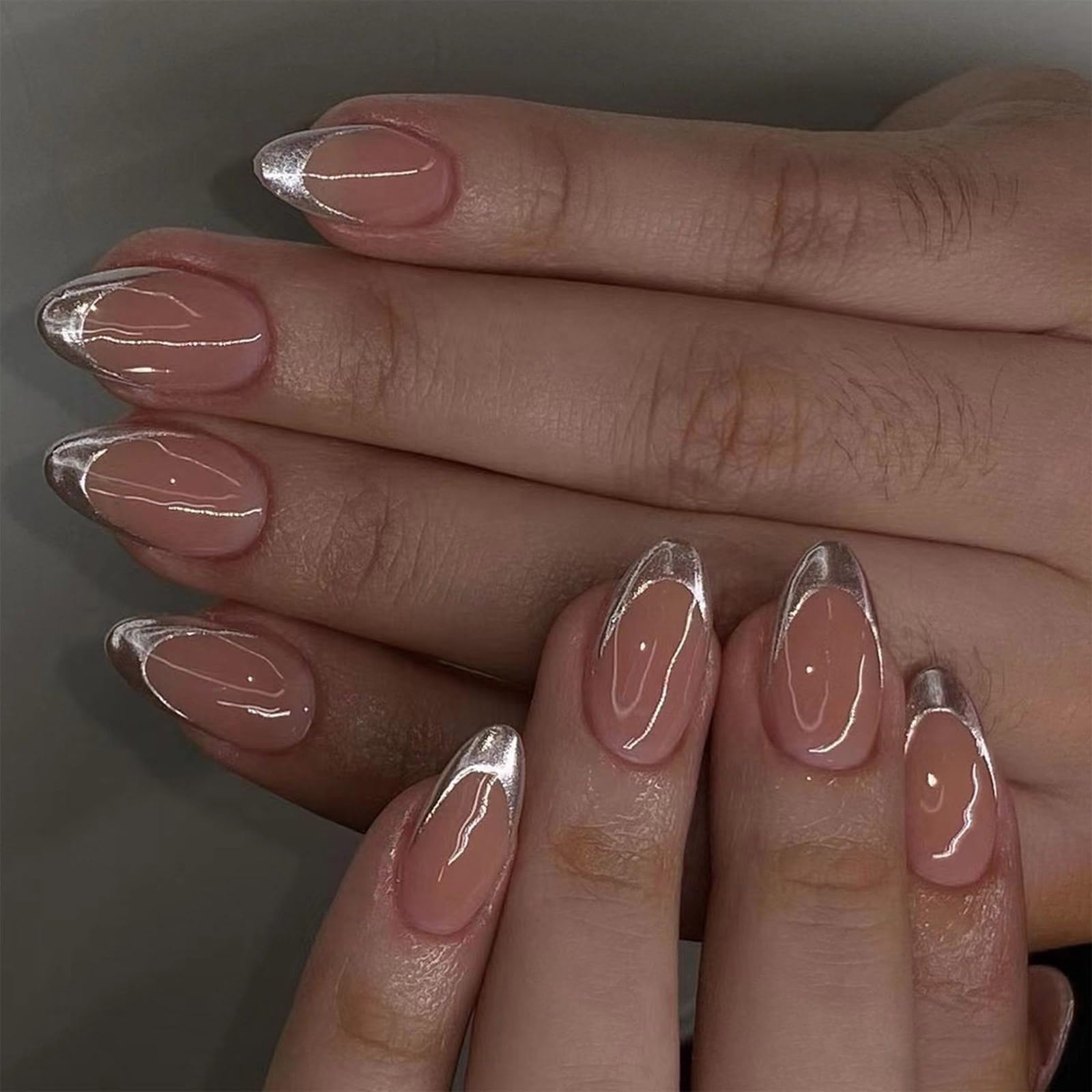 Argento Francese Tip Press On Nails Breve Mandorla Full Covers Unghie finte Semplice Stick On Nails Semplici Unghie Artificiali