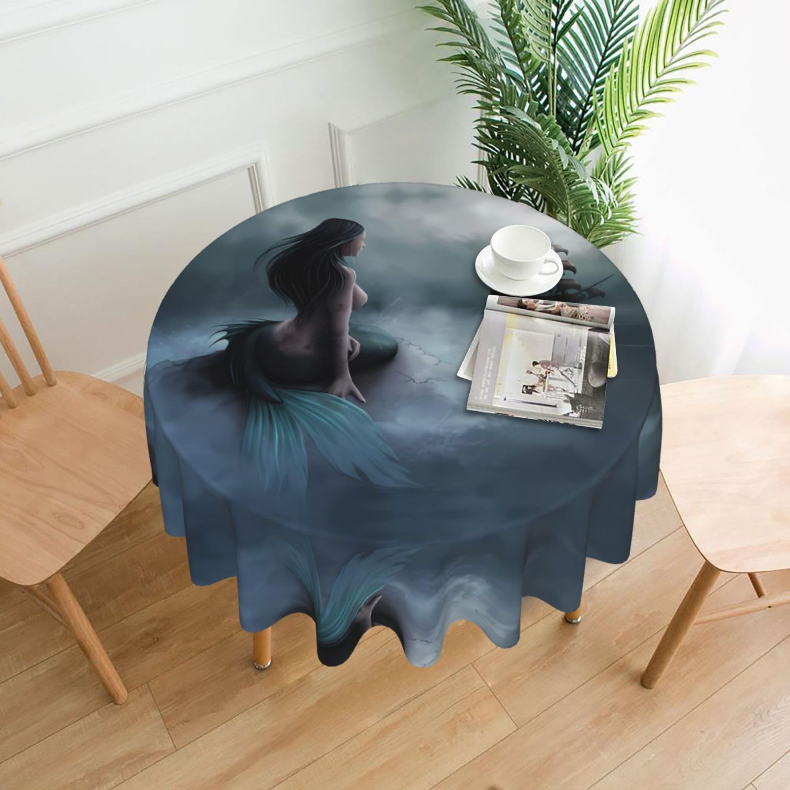 YYHHAOFA Mermaid Girl And Sailing on Sea Pirate Ship Prints Round Decorative Tablecloth 60in - High-Grade Polyester Throw for Dining Tables, Parties, & Outdoor Events