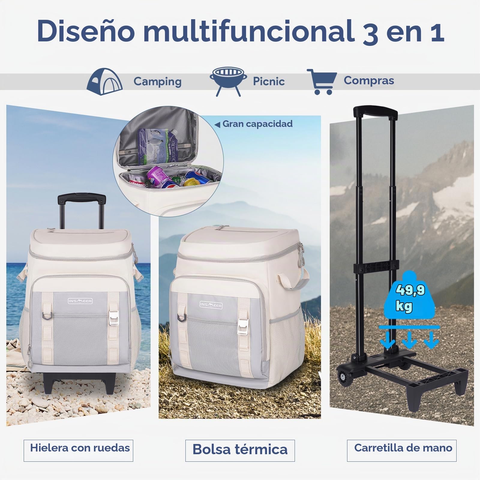 Nevera con ruedas, 50 litros/80 latas, bolsa térmica grande plegable e impermeable, bolsa térmica para playa, camping, picnic, compras