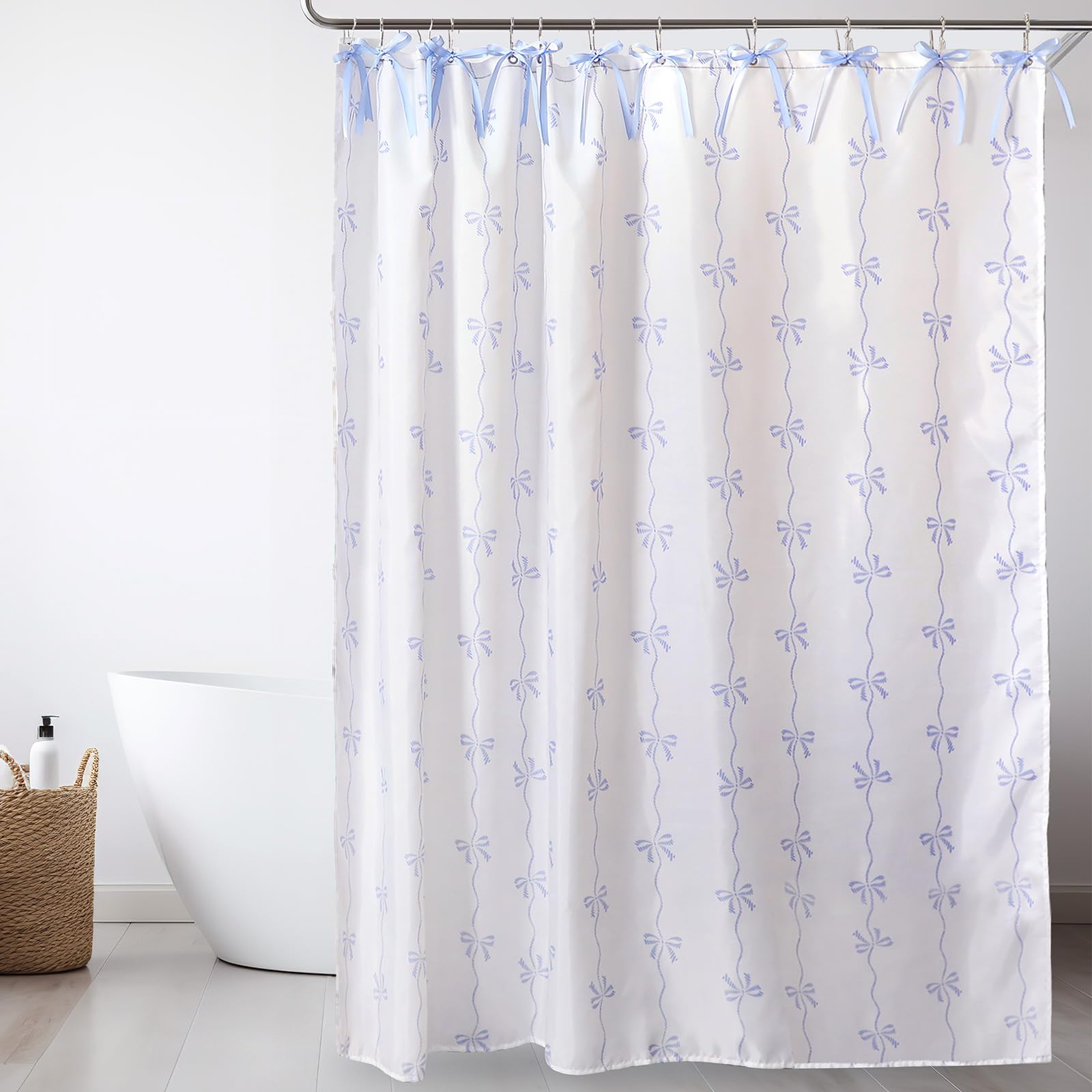 27 Pcs Coquette Blue Bow Shower Curtain Hooks Blue Bow Ribbons 72x72 Inch Handcrafted Fabric Cloth Shower Curtains for Girls Gift Bathroom Home Coquette Party Decor Supplies Favor