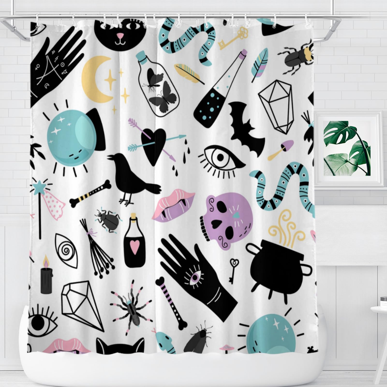 Abaysto Color 1 Halloween Shower Curtain For Bathroom, Horror Magic World Witch Witchcraft Moon Star Bathroom Curtains With 12 Hooks, Halloween Decoration 180X180cm