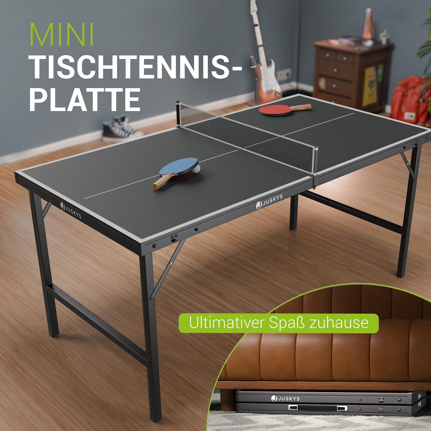 Juskys Tischtennisplatte Mini – Klappbarer Tischtennistisch klein mit Zubehör, Indoor & Outdoor Tischtennis Set Flexi für Zuhause & unterwegs – Schwarz