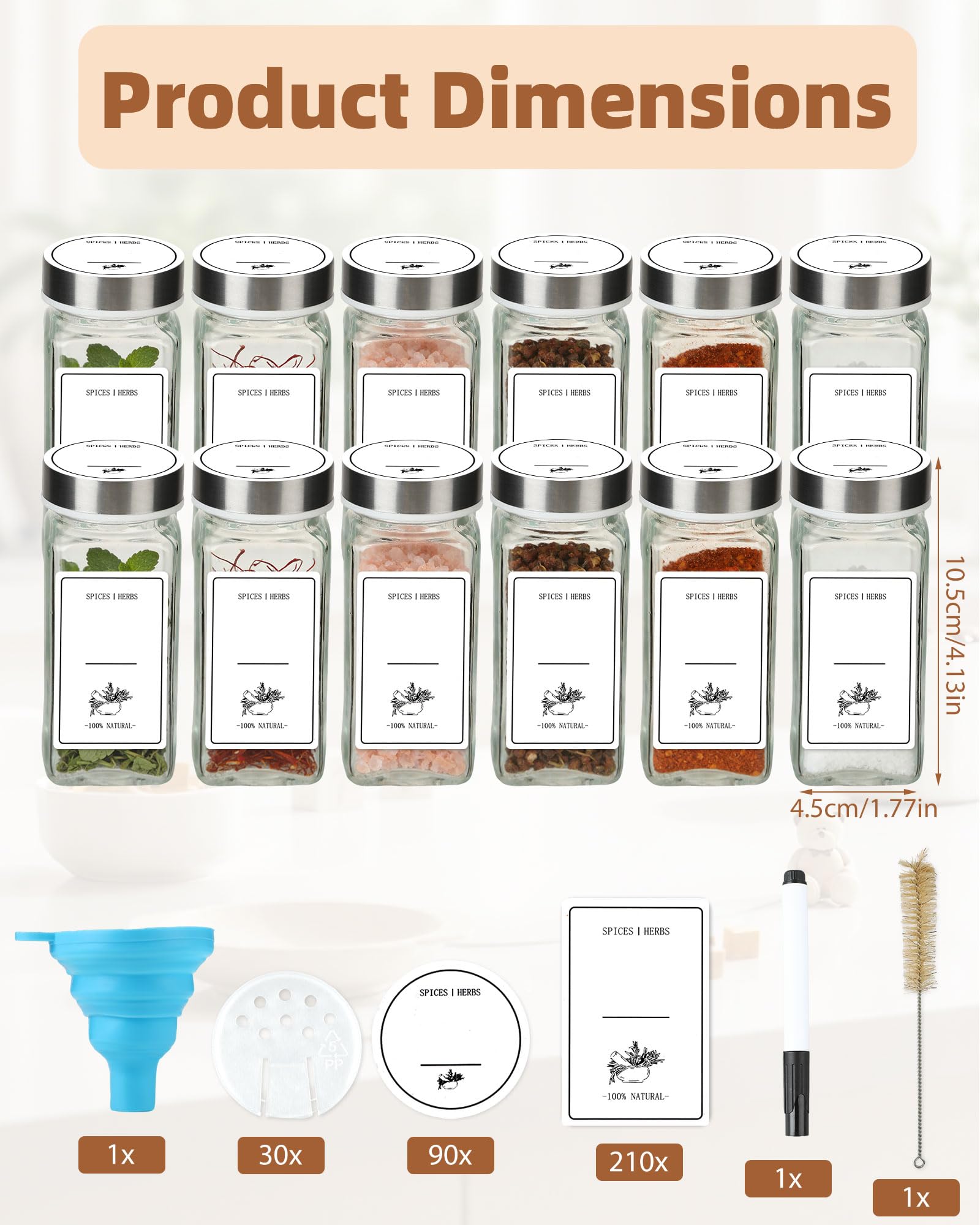24 Pots à Épices en Verre 120ml, Pots Épices Verre Carré avec Étiquettes, Organiseur de Épices pour Cuisine avec Trichter et Marqueur