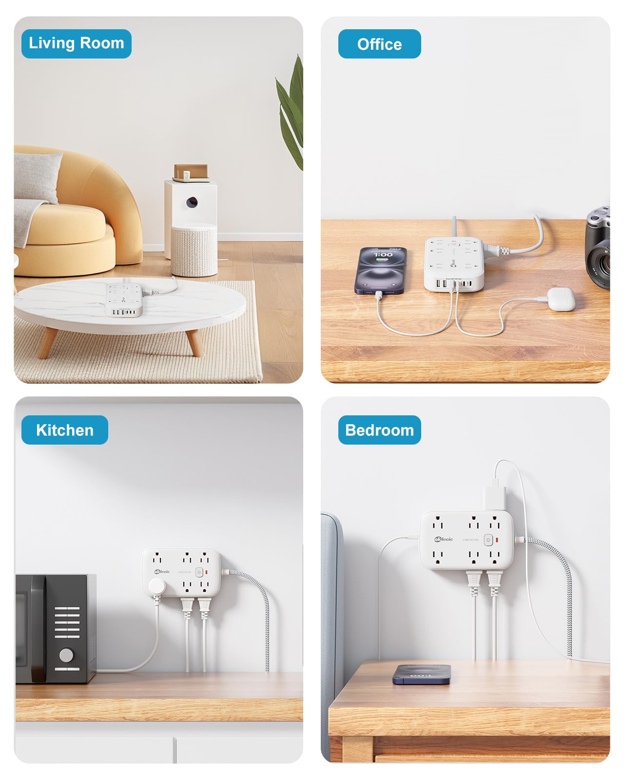 Tira de alimentación con USB, 2100J protector de sobretensiones cable de extensión de enchufe plano de 5 pies, 12 salidas y 6 USB (3 USB C) estación de carga, 3 extensores de salida laterales para