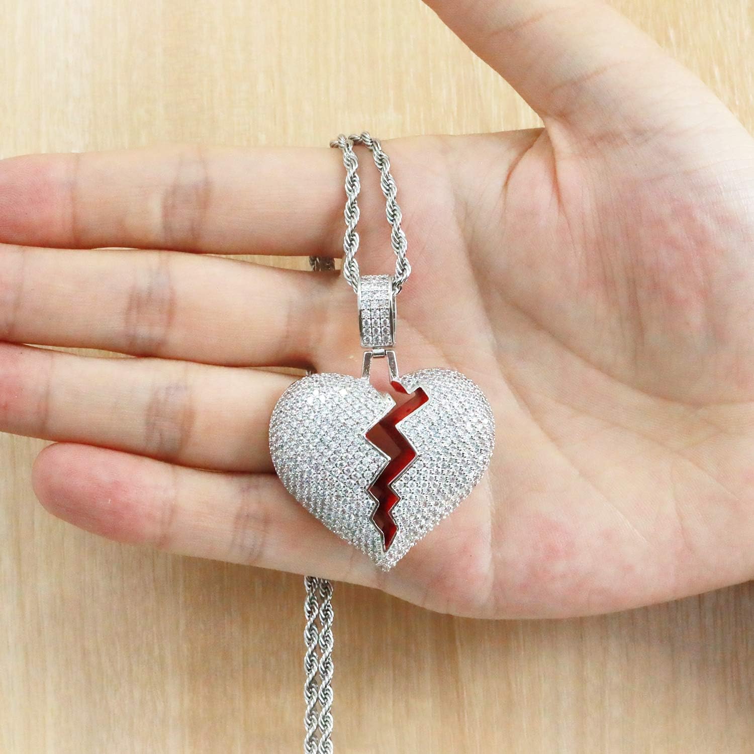 Broken Heart Pendant Necklace Hip Hop CZ Fully Iced Out Bling CZ Diamond 24K White Gold Plated with 24" Stainless Rope Chain