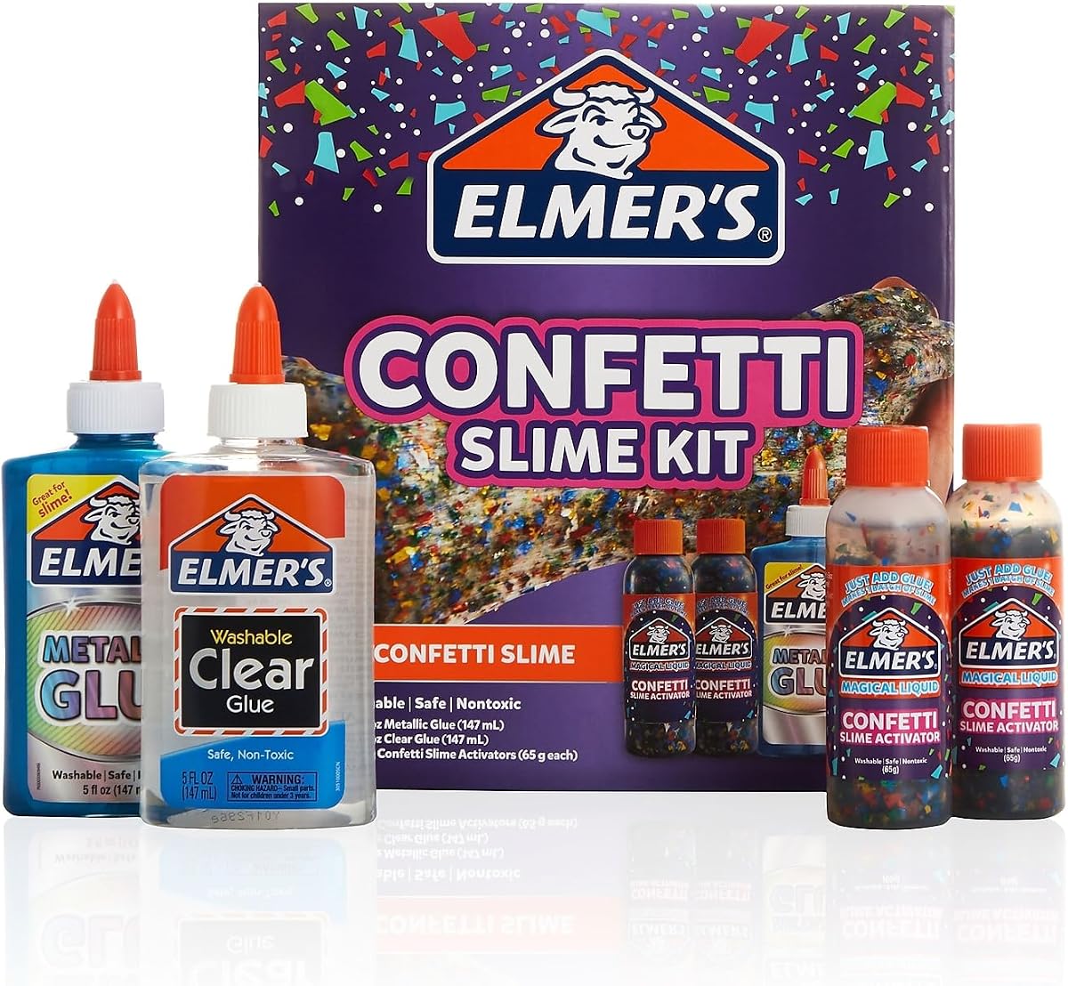 Elmer's Confetti Slime Kit, los suministros de Slime incluyen pegamento metálico, pegamento transparente, activador líquido mágico de confeti, 4 unidades, perfecto para fiestas, regalos, tiempo de actividad para niños
