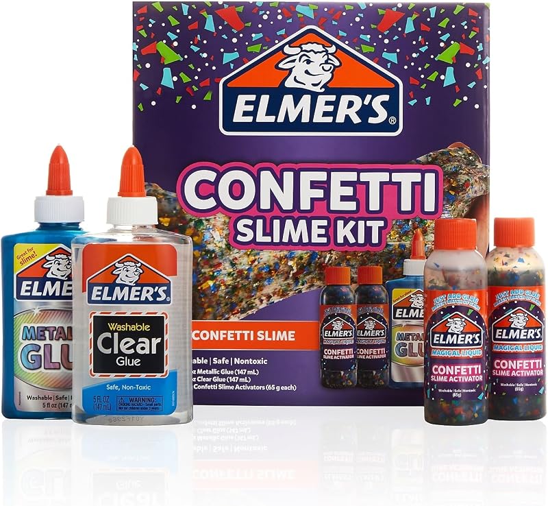 Elmer's Confetti Slime Kit, los suministros de Slime incluyen pegamento metálico, pegamento transparente, activador líquido mágico de confeti, 4 unidades, perfecto para fiestas, regalos, tiempo de actividad para niños