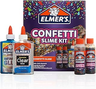 Elmer’s Confetti Slime Kit, Slime Supplies Include Metallic Glue, Clear Glue, Confetti Magical Liquid Activator, 4 Count - Perfect for Parties, Gift, Kids Activity Time