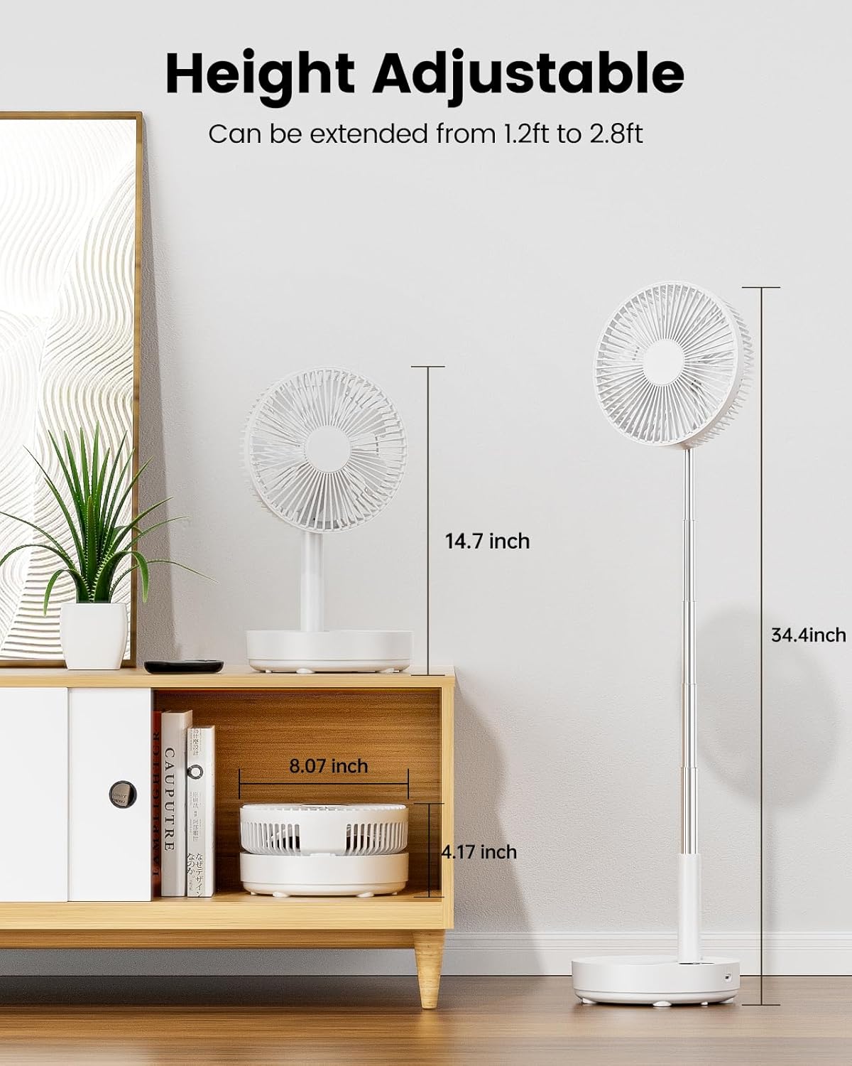8" Portable Oscillating Standing Fan, 8000mAh Rechargeable Pedestal Fan with Remote, Foldable Quiet Travel Fan, 8H Timer, Height Adjustable, Floor & Desk fan for Bedroom, Camping, Office - Image 7