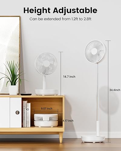 Miniatura 7 de Ventilador oscilante portátil de 8 pulgadas, ventilador de pedestal recargable de 8000 mAh con control remoto, ventilador de viaje silencioso