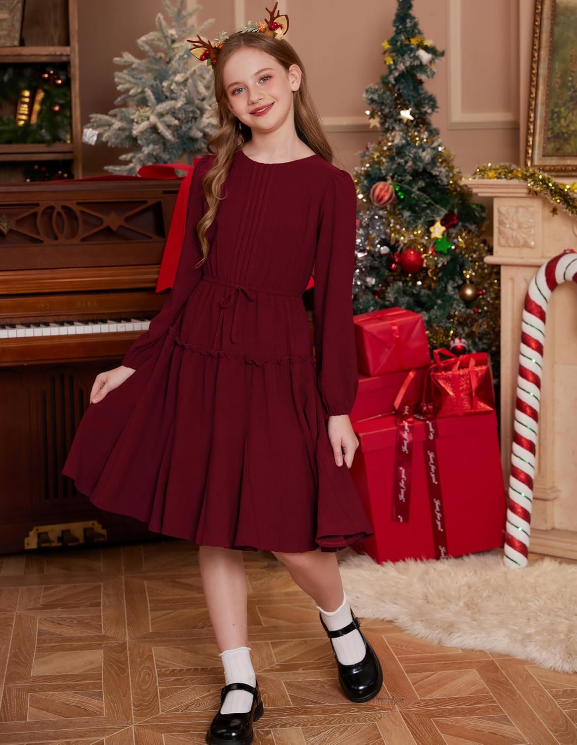 GRACE KARIN Girls Fall Long Sleeve Dress Fancy Floral Holiday Teen Casual Skater Winter Teen Crew Neck Tiered Dresses - Image 6