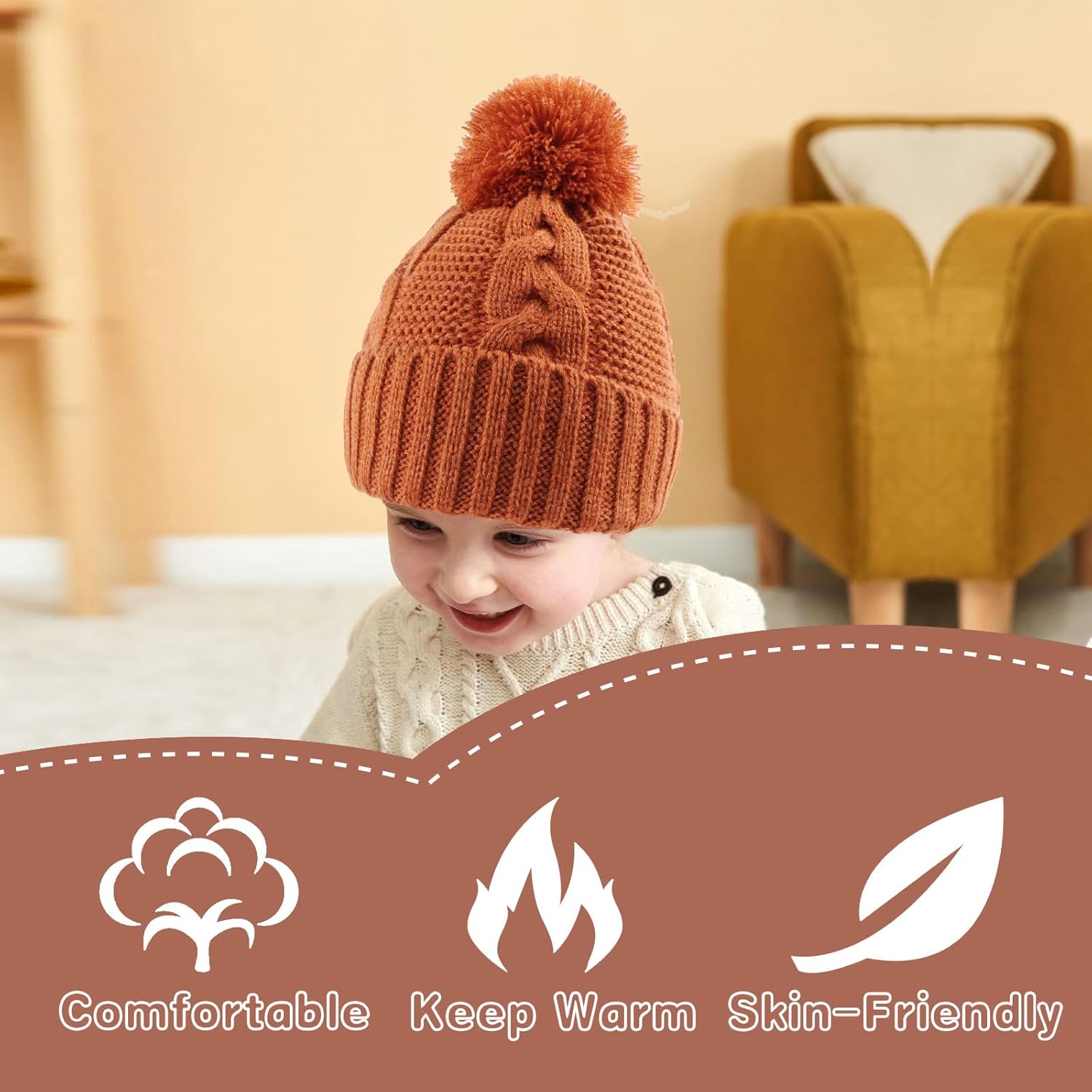 Zsedrut Baby Winter Beanie for Girls Boys Infant Toddler Warm Knit Twist Hat with Pompom - Image 6