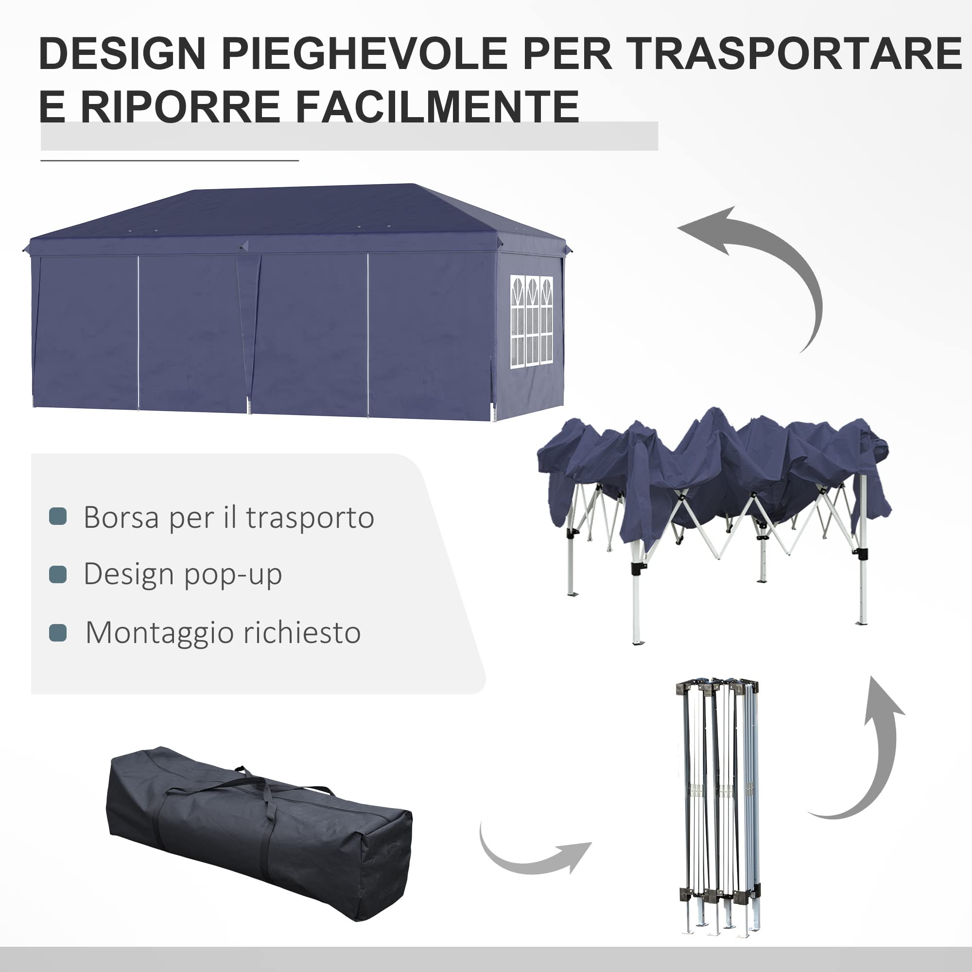 Outsunny Gazebo Pieghevole 6x3 m Pop Up con Finestre e Pannelli Laterali, 2 Porte, Borsa da Trasporto, per Esterno, Blu