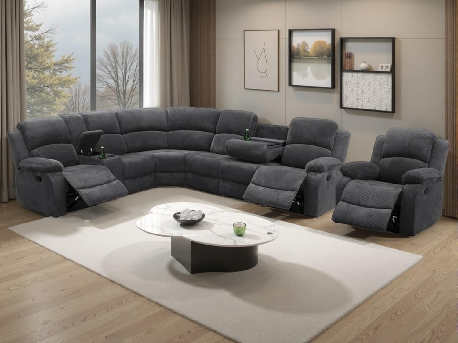 Manual Reclining Sofa Set with Drop-Down Table, Corduroy Sofa Sets, Living Room Furniture Sets, Modern Manual Recliner Sofa Sets with Storage Console for Living Room (Dark Grey, Sectional+Chair)