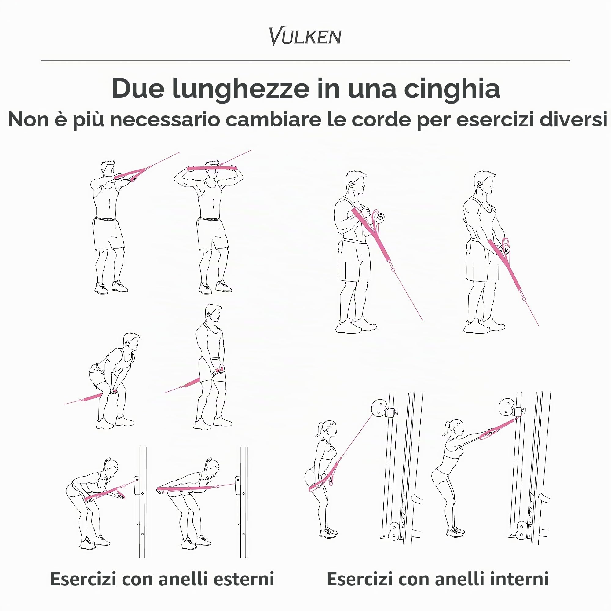 Vulken - Corda per tricipiti con Cavo, Due Misure in Una Corda Extra Lunga, Cinghie di Estensione per tricipiti, Attrezzatura da Palestra, Maniglie per Allenamento a casa per Bande di Resistenza.