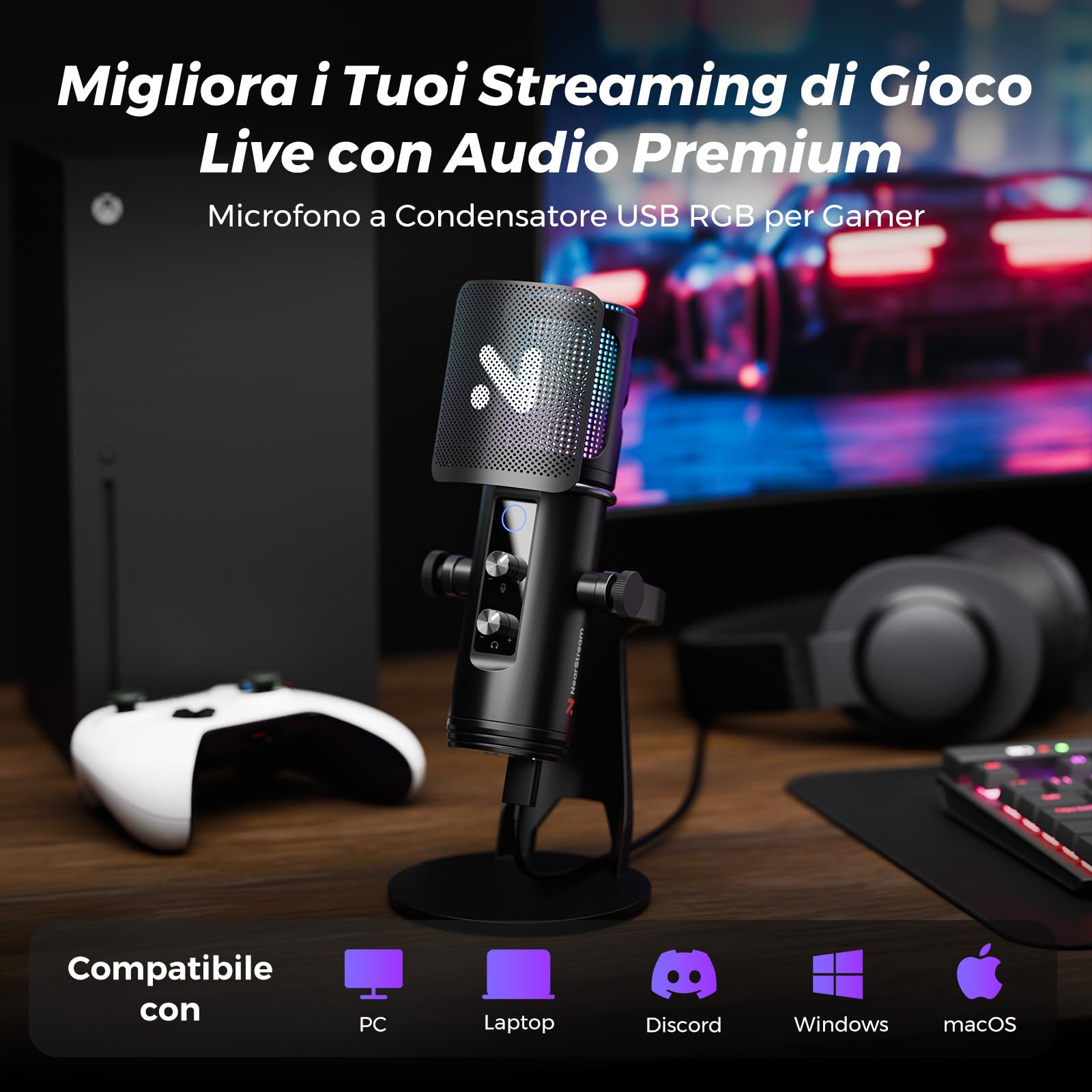 NearStream Microfono USB a Condensatore Professionali Vengono Utilizzati per Catturare Audio di Alta Qualità,Microfono Gaming con Cancellazione del Rumore/Led RGB/Muto/Guadagno/Filtro Anti Pop,AM35U