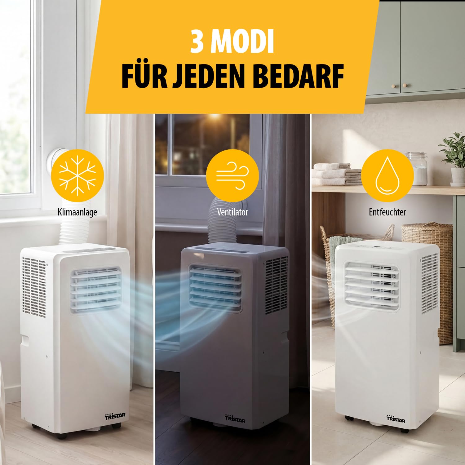 Tristar Mobiles Klimagerät - 9.000 BTU - 3-in-1 - Entfeuchtet, Kühlt, Ventiliert - Bis zu 34 m² - Fensterkit inklusive - AC-5530