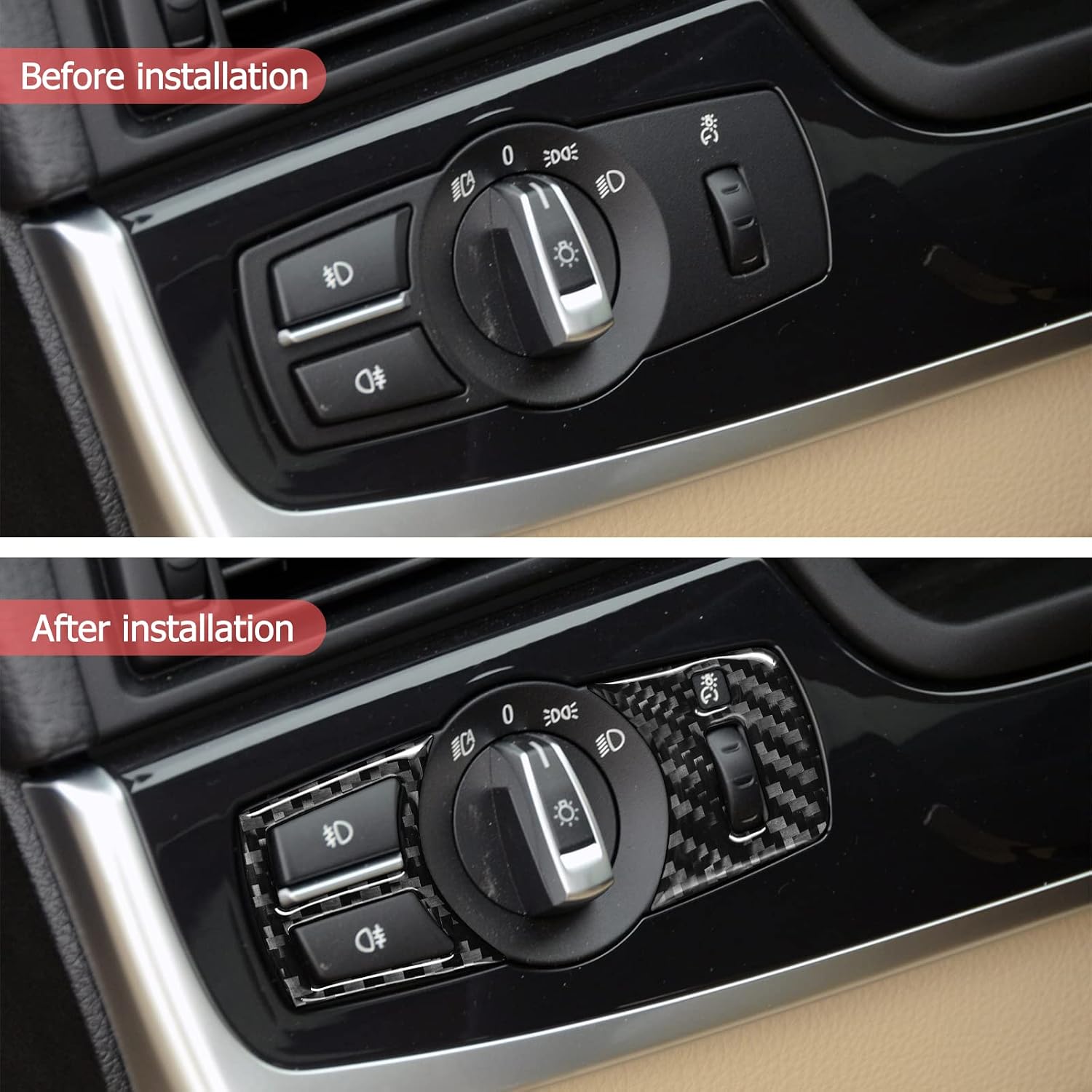 SUNJIKA Compatible with Carbon Fiber Center Consoles Car Headlights Panel Cover Trim Interior for BMW 5 Series F10 F11 F18 520i 525i 528i 530i 535i 2011-2017 (Black 2PCS)