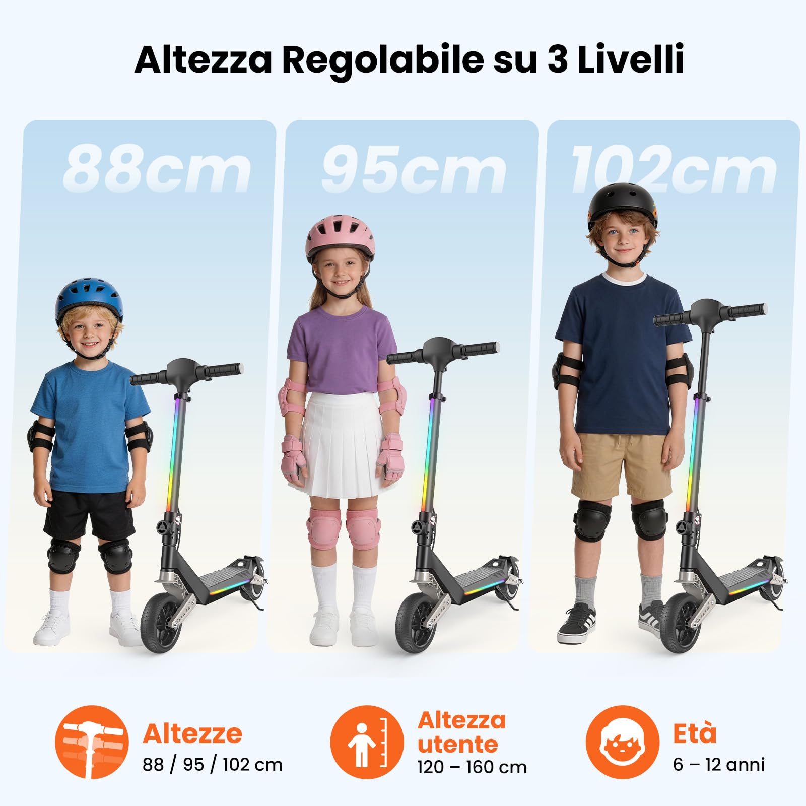 isinwheel Monopattino Elettrico Bambini K6,6-12 Anni,Ruote Piene 6,5",3 Velocità 5/10/16 km/h,Doppia Sospensione Anteriore/Posteriore,3 Modalità LED,Bluetooth,Pieghevole Regolabile,70 kg