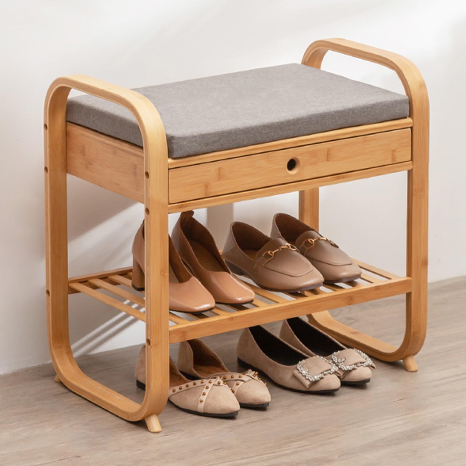 MYUYEE Bamboo Shoe Rack With Cushioned Seat - Entryway Storage Orga For Bedroom, Living Room - Wood Color Two Tier Shoe Bench For Indoor Hallway
