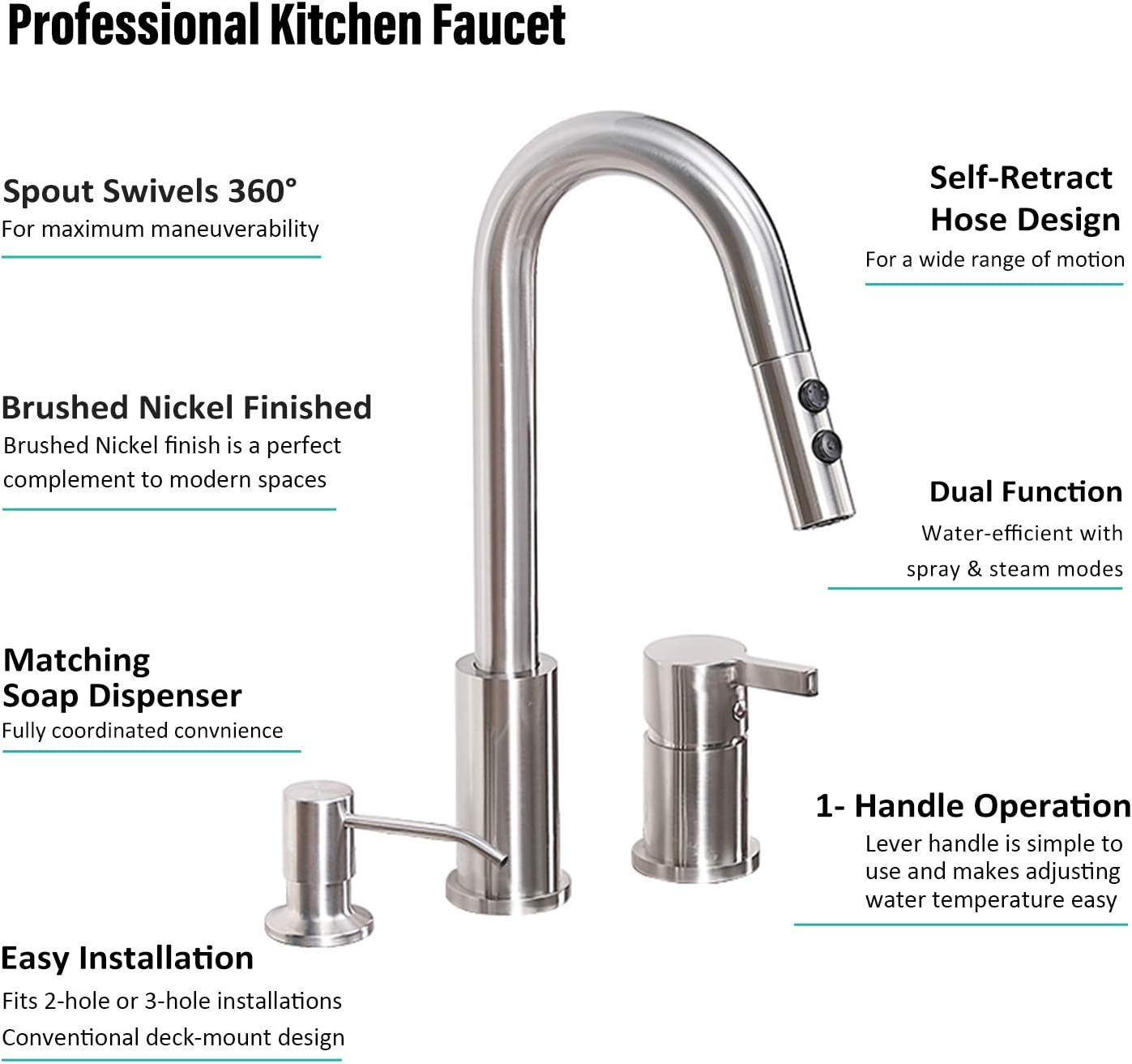 Exсluѕіvе Sресіаl KINFAUCET Modern Single-Handle 3 Hole Kitchen Faucet with Pull Down Sprayer, Stainless Steel Brushed Nickel Widespread 2 Hole Kitchen Sink Faucet with Soap Dispenser KINF025L