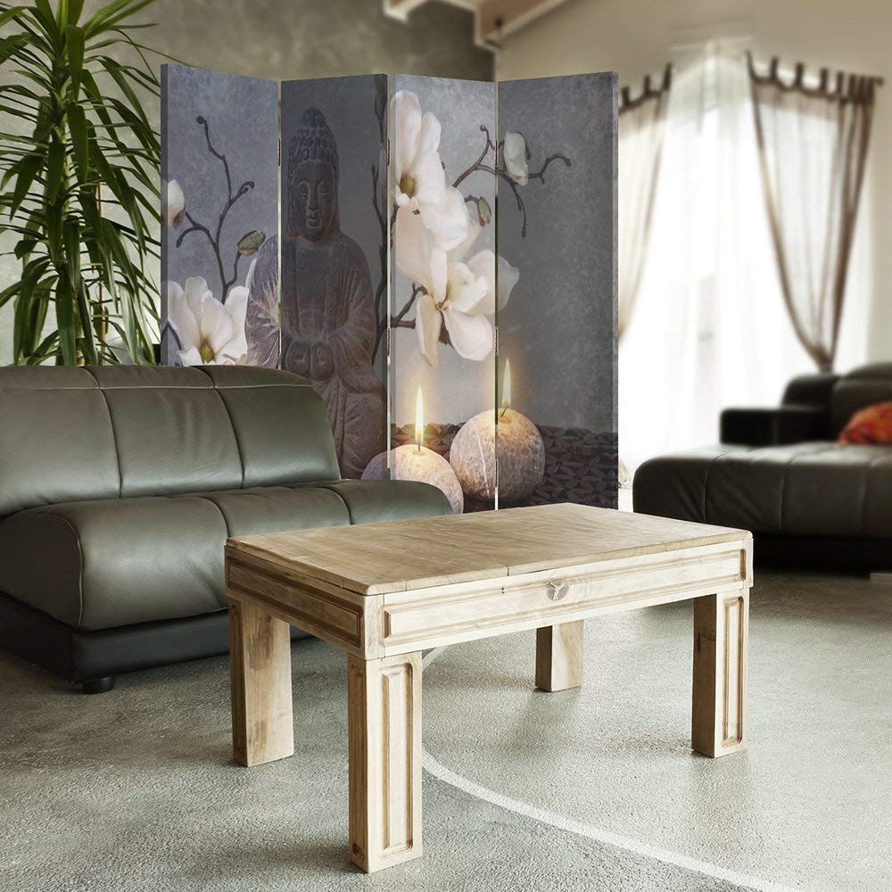 Feeby Paravent Bouddha 4 Panneaux 145x150 cm Deux Côtés Cloison de séparation Écran Pliant Foto Paravent Interieur Décoratif Mur Espagnol Impression sur Toile Chambre d'enfant Salon Bureau Gris