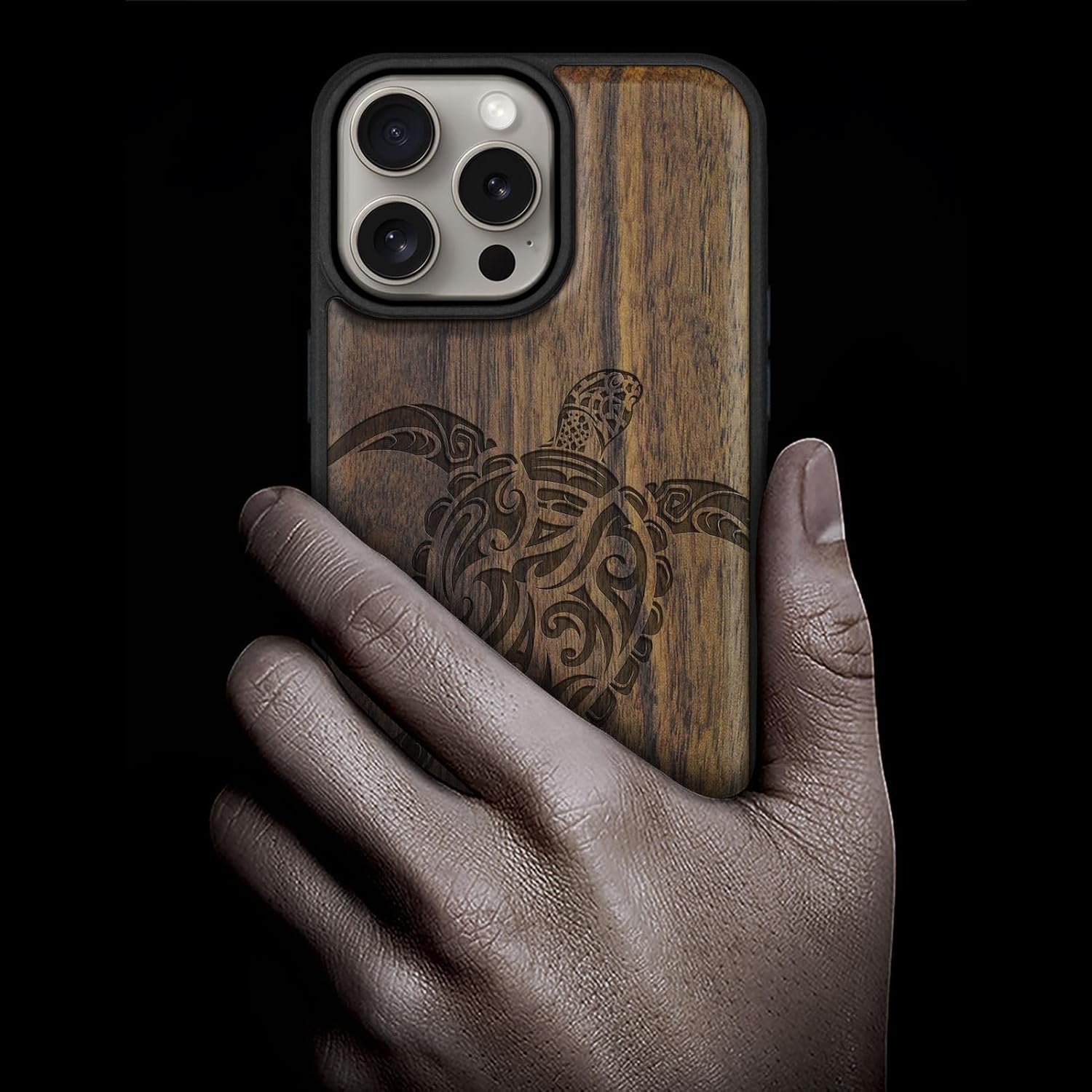 Carveit Magnetic Wooden Case for iPhone 15 Pro Max Case, Compatible with MagSafe Wireless Chargers, TPU Shockproof Cover & Wood Artisan Engraved (Maori Ethnic Style Turtle Design) - Walnut