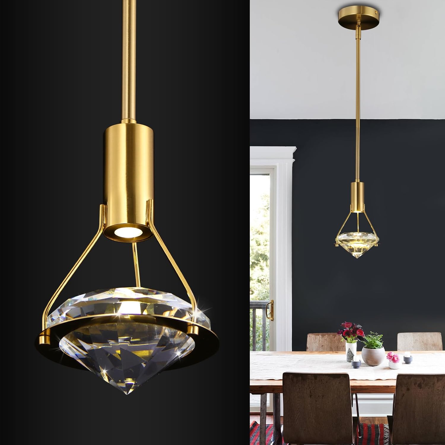 Modern Crystal Pendant Light,LED Crystal Hanging Light Fixture for Dining Room,1-Light Diamond Crystal Chandelier,Height Adjustable Pendants Lamp,Gold Ceiling Pendant Light for Kitchen Island Bedroom