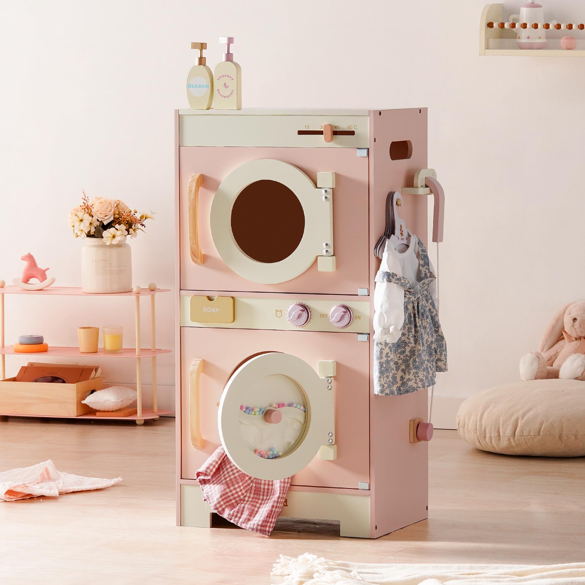 ROBUD Kinder Waschmaschine Set aus Holz: Spielküche Spielzeug, 2-in-1 Spielwaschmaschine Trockner Set, Rollenspiel Küchenspielzeug mit Bügeleisen, Kleiderbügel, Seife, Geschenk für Kinder ab 3 Jahren