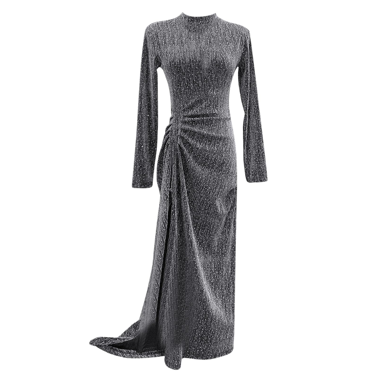 Robe à paillettes femme : robe de soirée col montant froncée