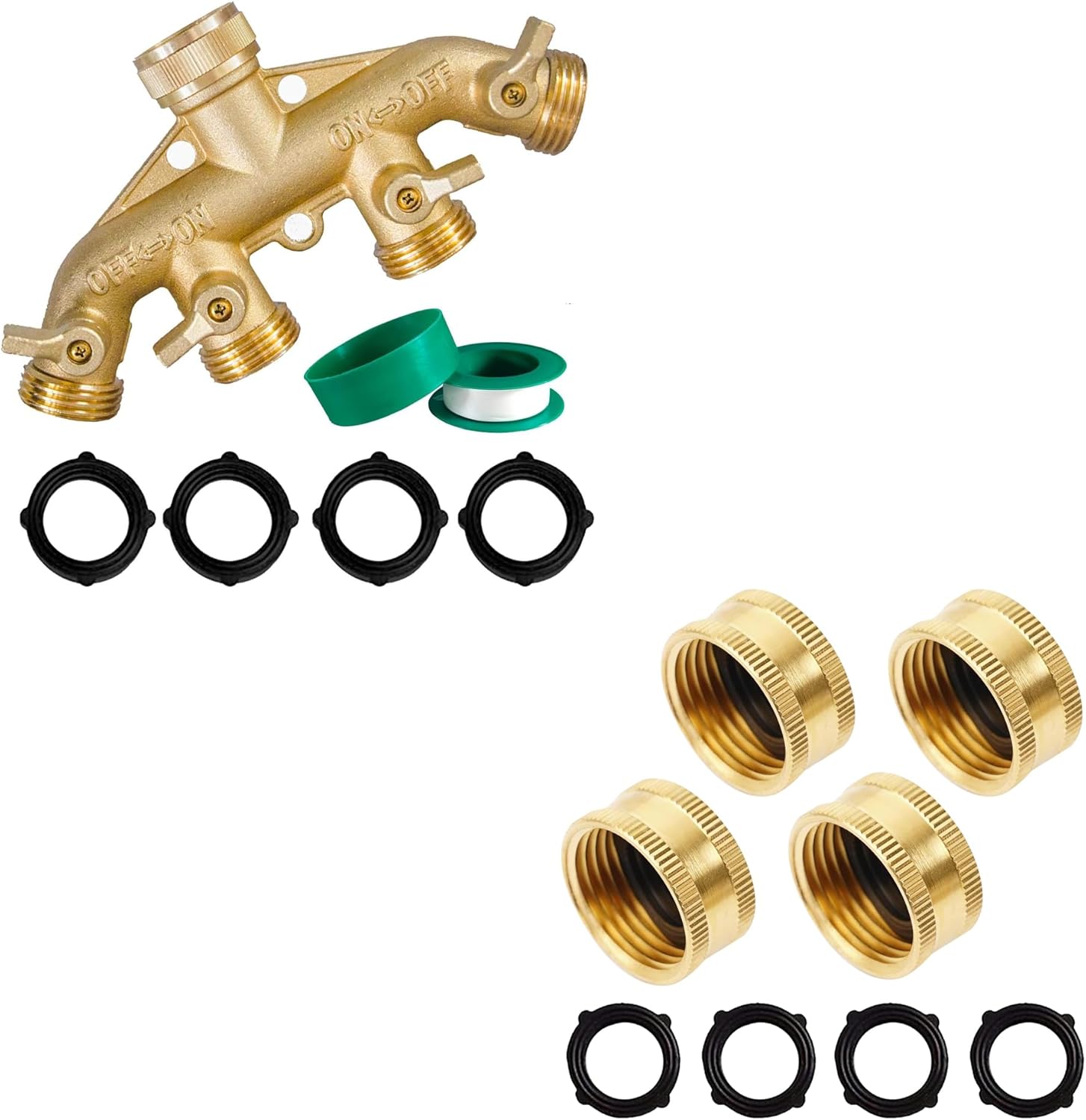Hourleey Brass Garden Hose Splitter (4 Way) + Brass Garden Hose End Caps