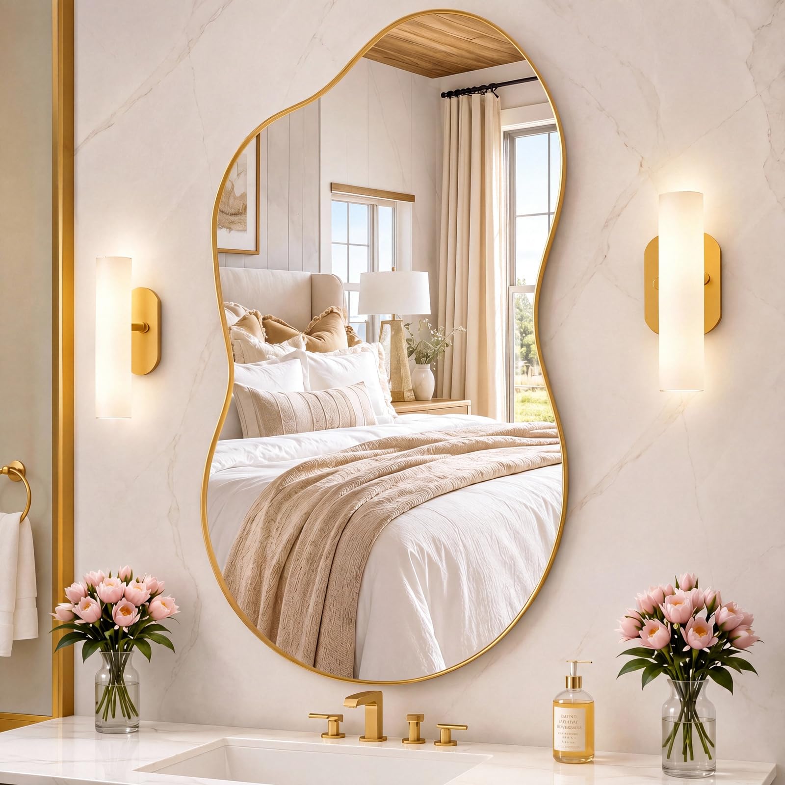 Clevich Espejo de Pared Irregular con Aluminio - único diseño de Marco en Forma de Nube - Espejos Decorativos de Pared Elegante y Moderno - para Sala de Estar, baño, Dormitorio (Dorado, 66x116cm)