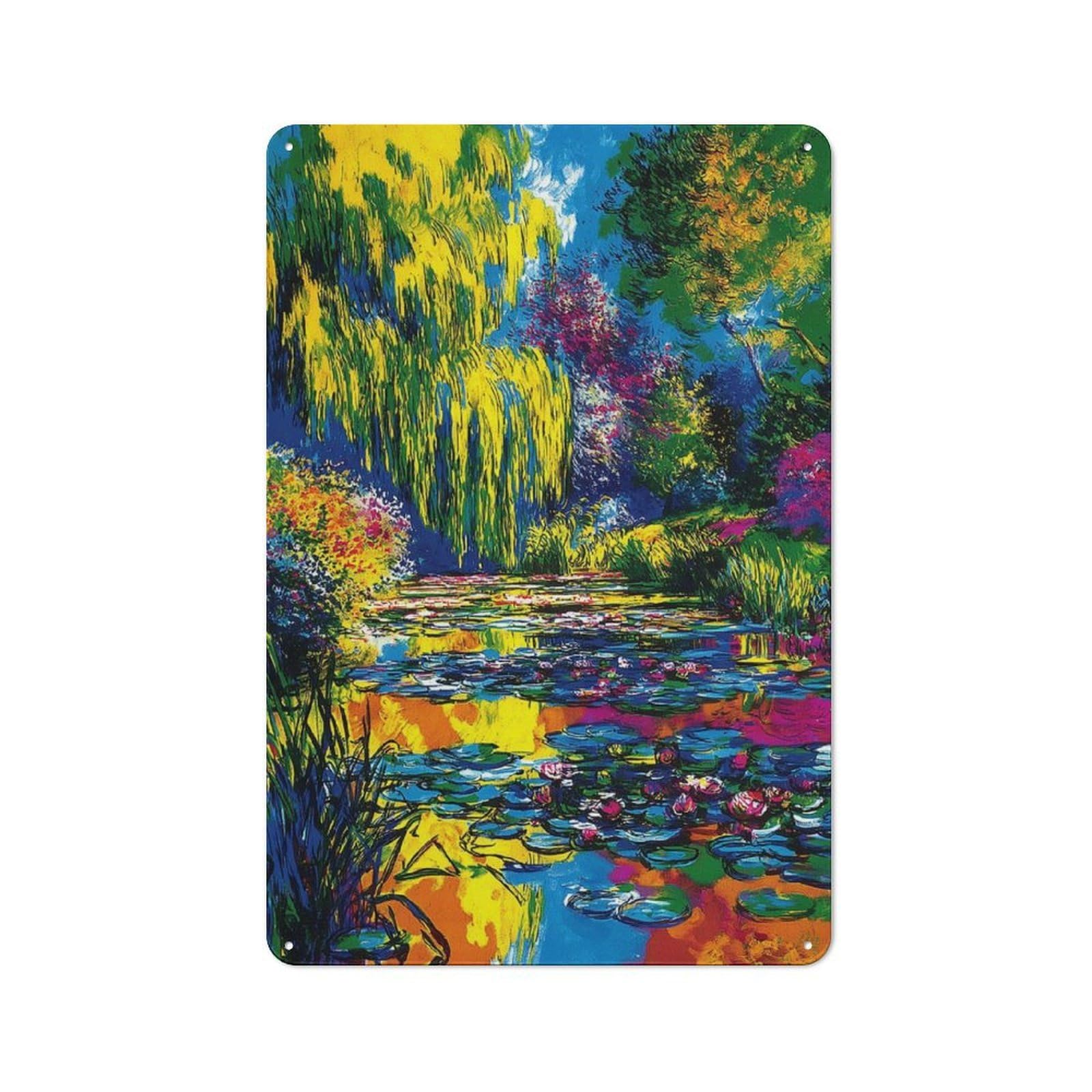 Colorful Garden Pond with Lilies Classic Metal Wall Decor 30x20cm, Decorative Tin Plaque for Cafe, Pub, Workshop Or Home Bar