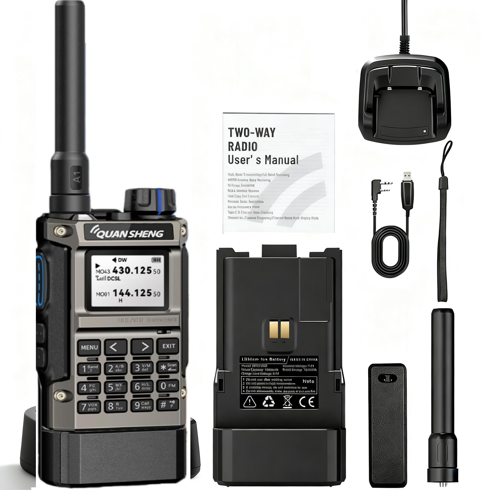 Quansheng UV‑K1(8) Walkie‑Talkie, 50‑600MHz, Air Band, NOAA, Copia wireless | Batteria 2500mAh con ricarica USB‑C, ricezione Air Band AM/FM (108‑136MHz), accordo frequenza in 1 tocco, copia wireless