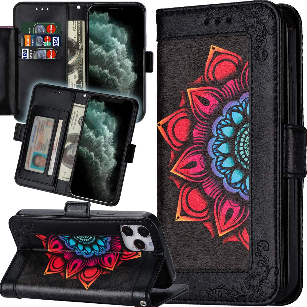 iPhone 12 Case 6.1”,iPhone 12 Pro Wallet Case for Women,Kecko Mandala Flower Embossed Faux Leather Magnetic Wallet Case with 4 ID/Card Holder Pocket&Strap Flip Kickstand Slim Protective Purse Case